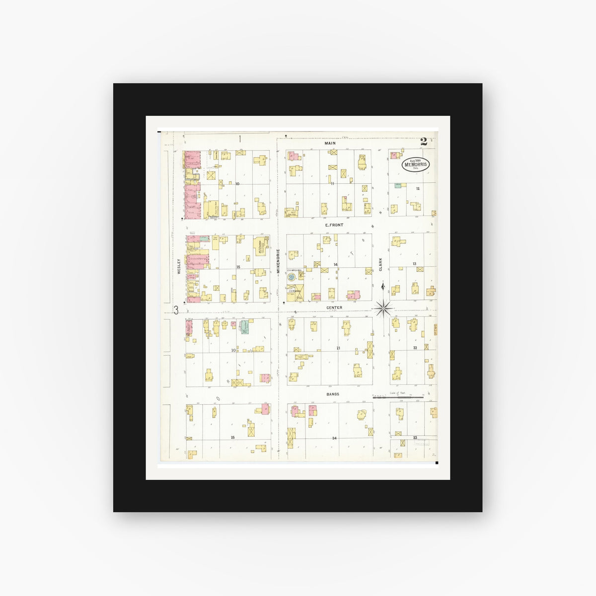 Old map wall art mockup — black gallery frame with white mat — Sanborn Fire Insurance Map from Mount Morris, Ogle County, Illinois (1899), Sheet #0002