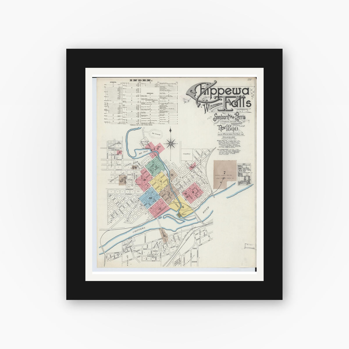 Old map wall art mockup — black gallery frame with white mat — Sanborn Fire Insurance Map from Chippewa Falls, Chippewa County, Wisconsin (1890) - Complete Map Set