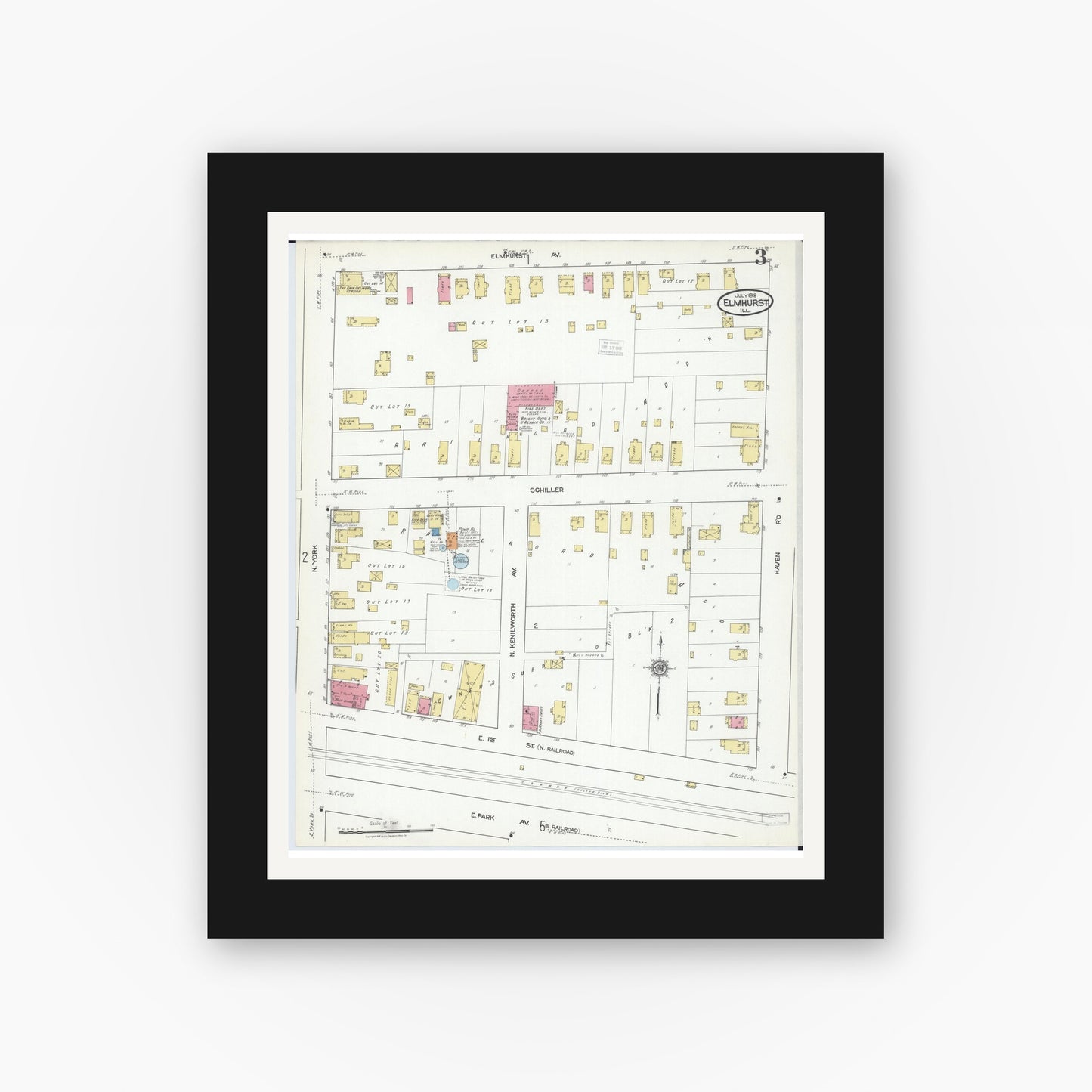 Old map wall art mockup — black gallery frame with white mat — Sanborn Fire Insurance Map from Elmhurst, Du Page County, Illinois (1918), Sheet #0003