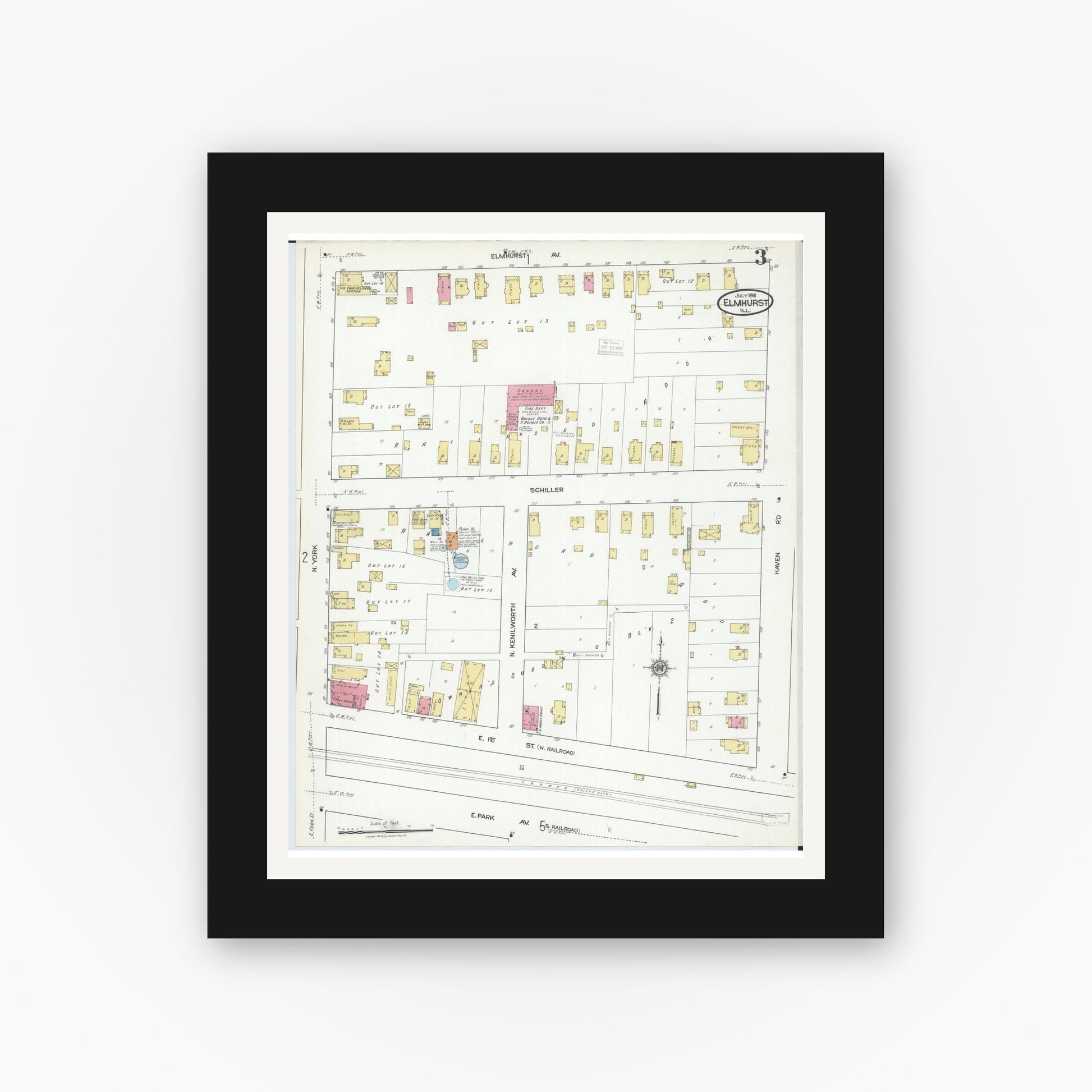 Old map wall art mockup — black gallery frame with white mat — Sanborn Fire Insurance Map from Elmhurst, Du Page County, Illinois (1918), Sheet #0003