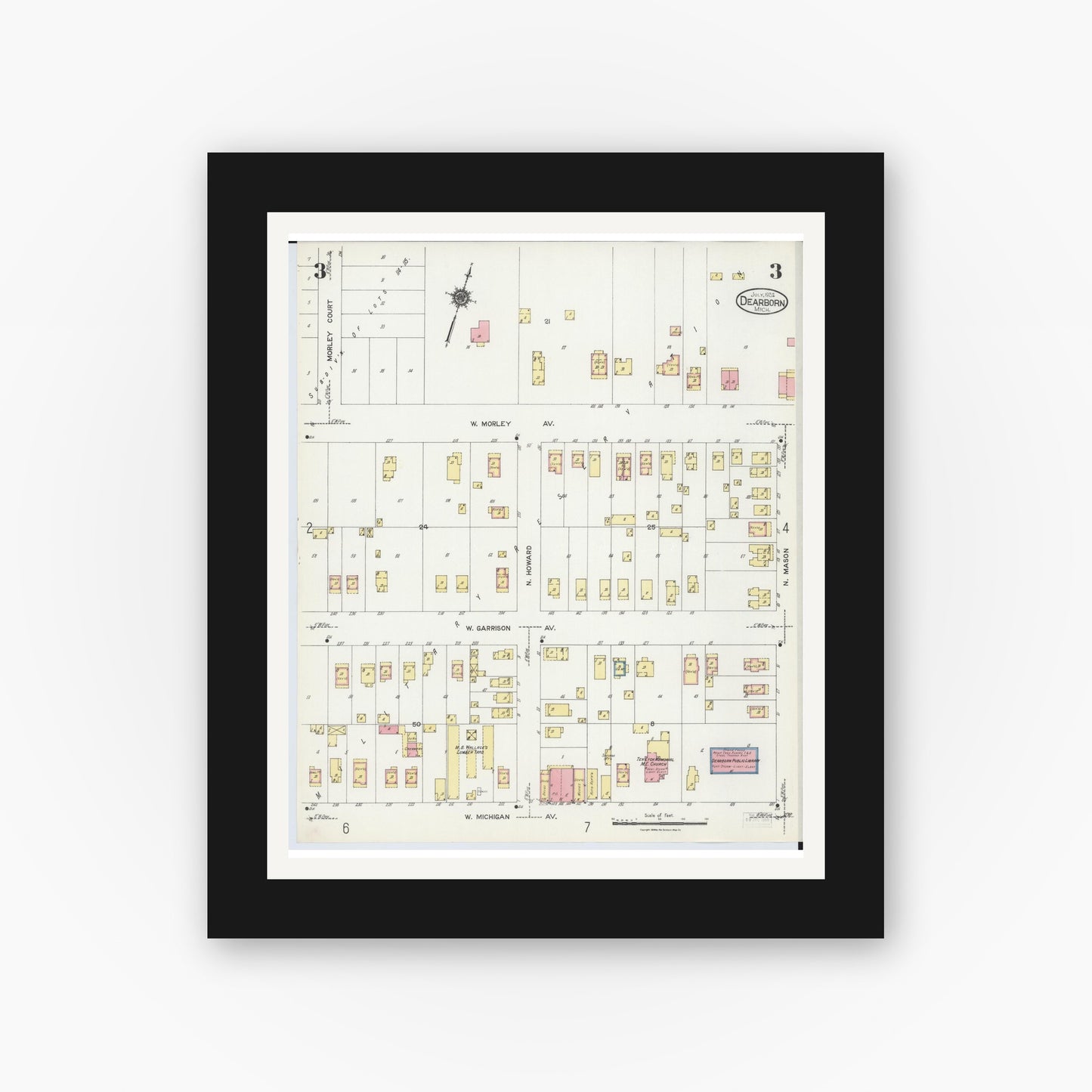 Old map wall art mockup — black gallery frame with white mat — Sanborn Fire Insurance Map from Dearborn, Wayne County, Michigan (1924), Sheet #0003