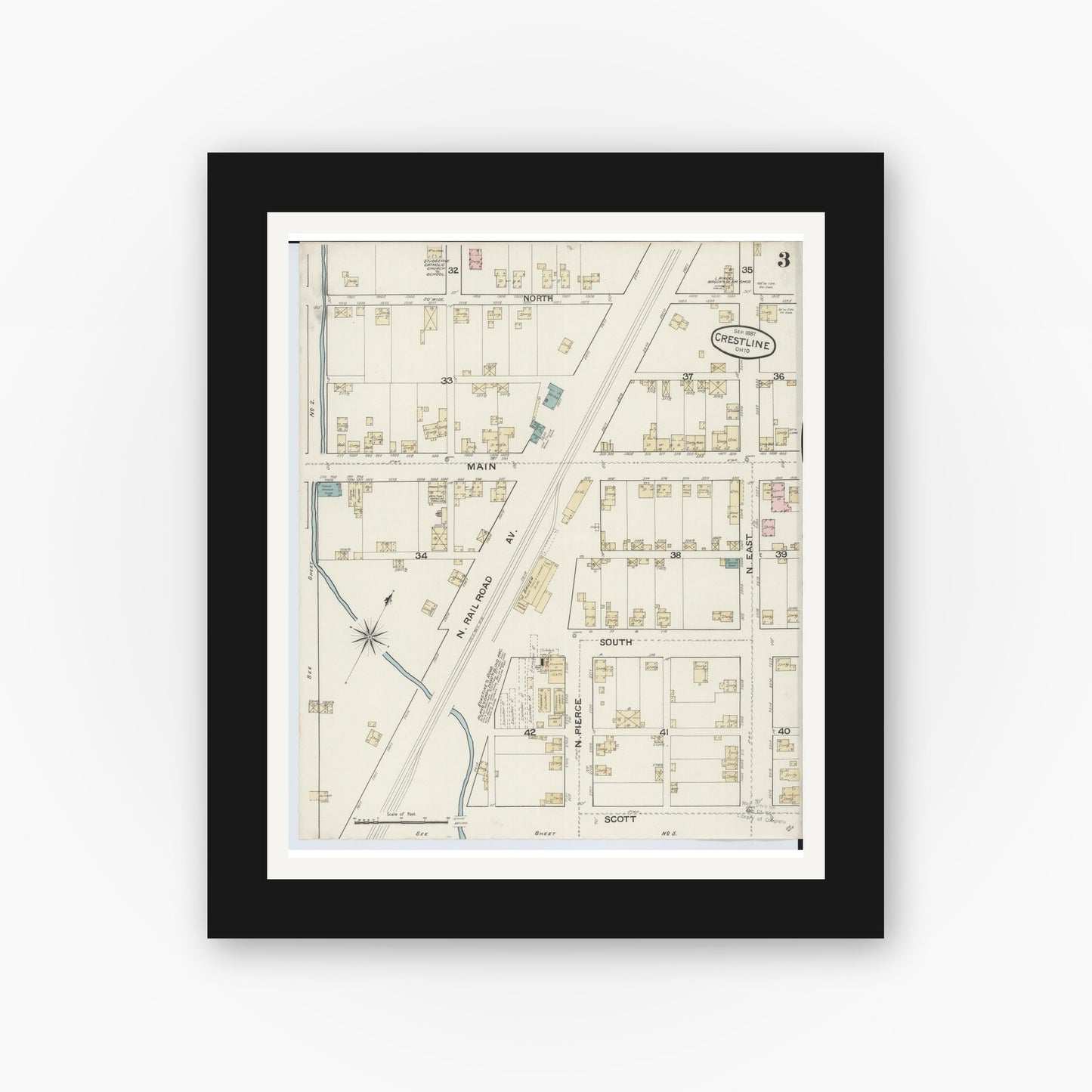 Old map wall art mockup — black gallery frame with white mat — Sanborn Fire Insurance Map from Crestline, Crawford County, Ohio (1887), Sheet #0003