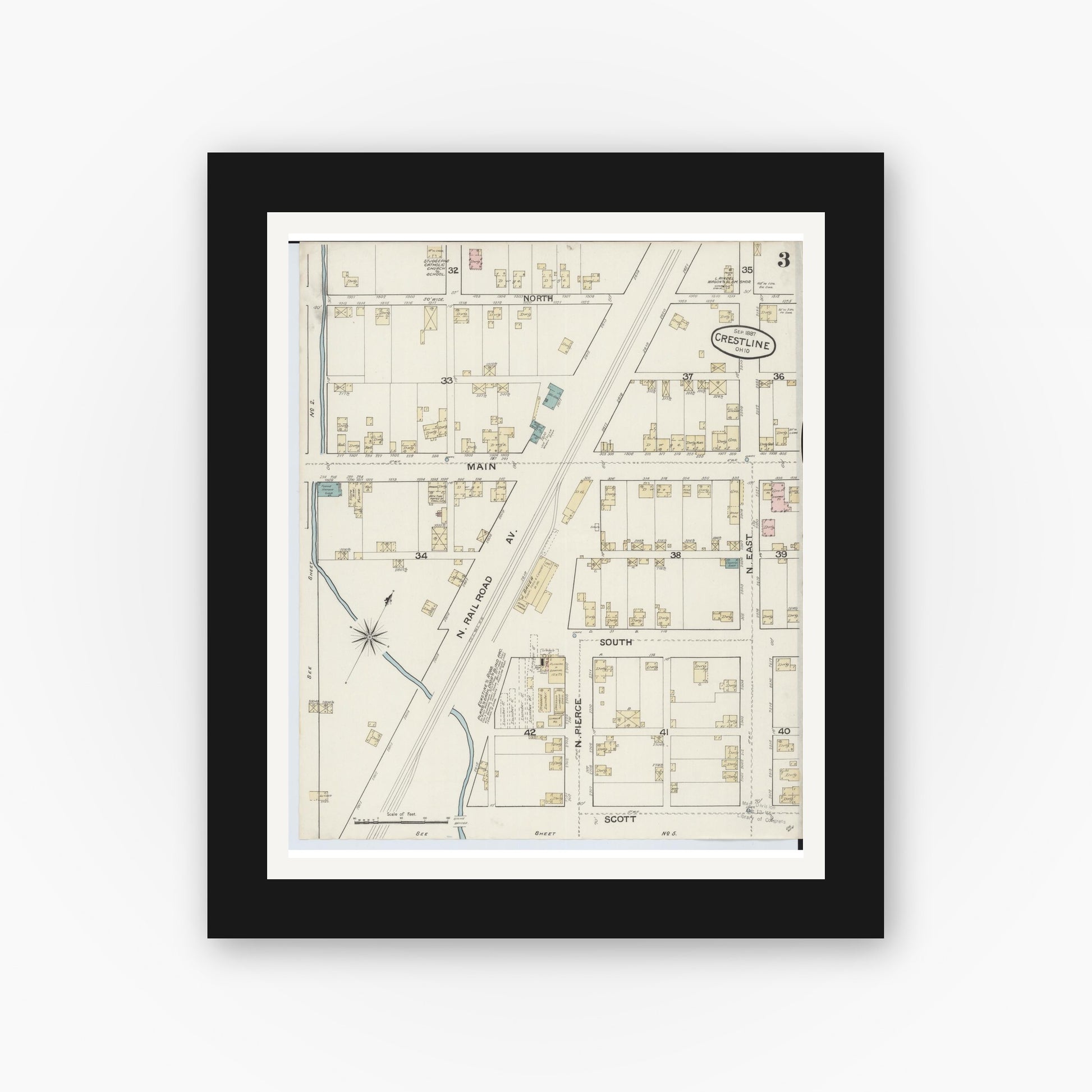Old map wall art mockup — black gallery frame with white mat — Sanborn Fire Insurance Map from Crestline, Crawford County, Ohio (1887), Sheet #0003