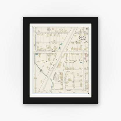 Old map wall art mockup — black gallery frame with white mat — Sanborn Fire Insurance Map from Crestline, Crawford County, Ohio (1887), Sheet #0003