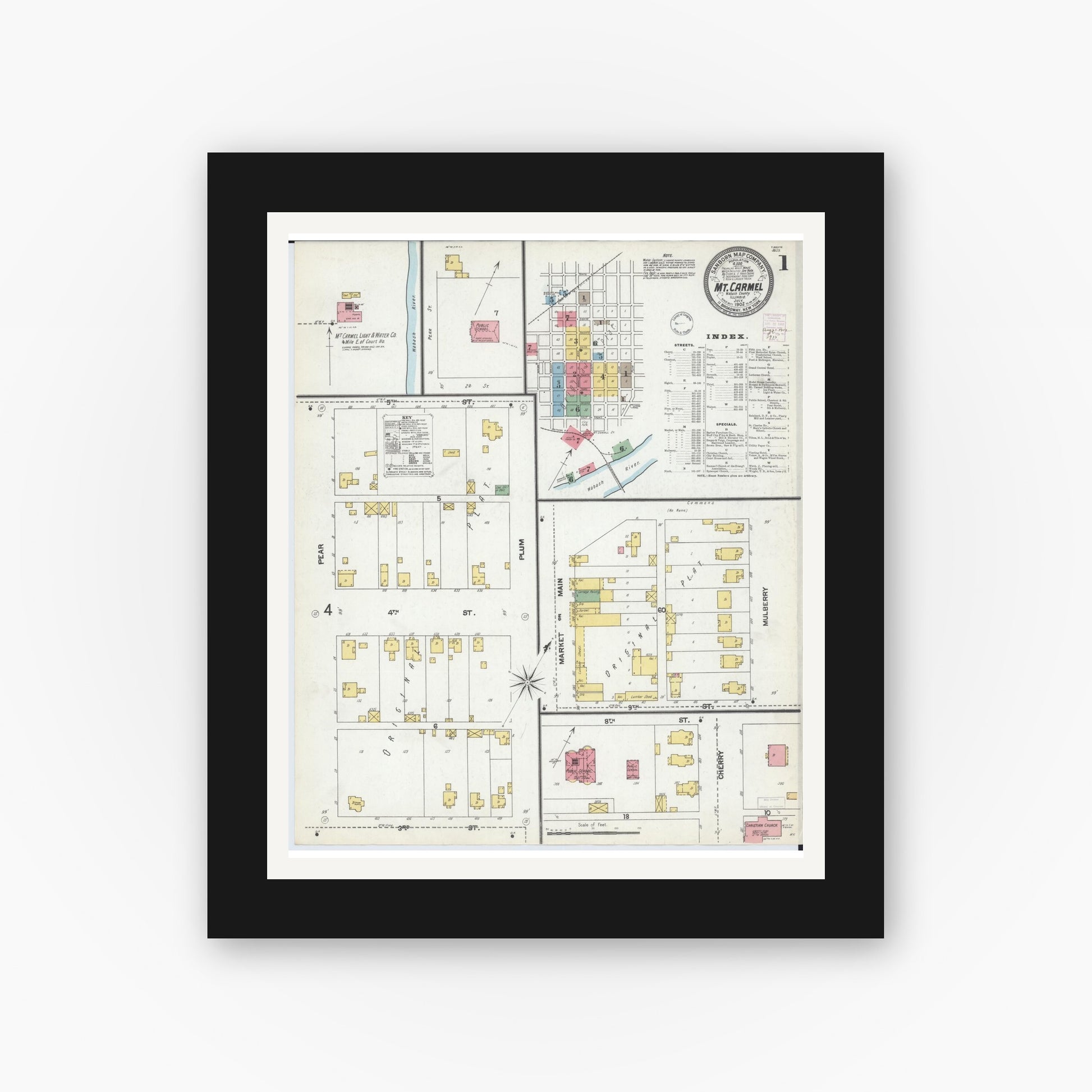 Old map wall art mockup — black gallery frame with white mat — Sanborn Fire Insurance Map from Mount Carmel, Wabash County, Illinois (1902) - Complete Map Set