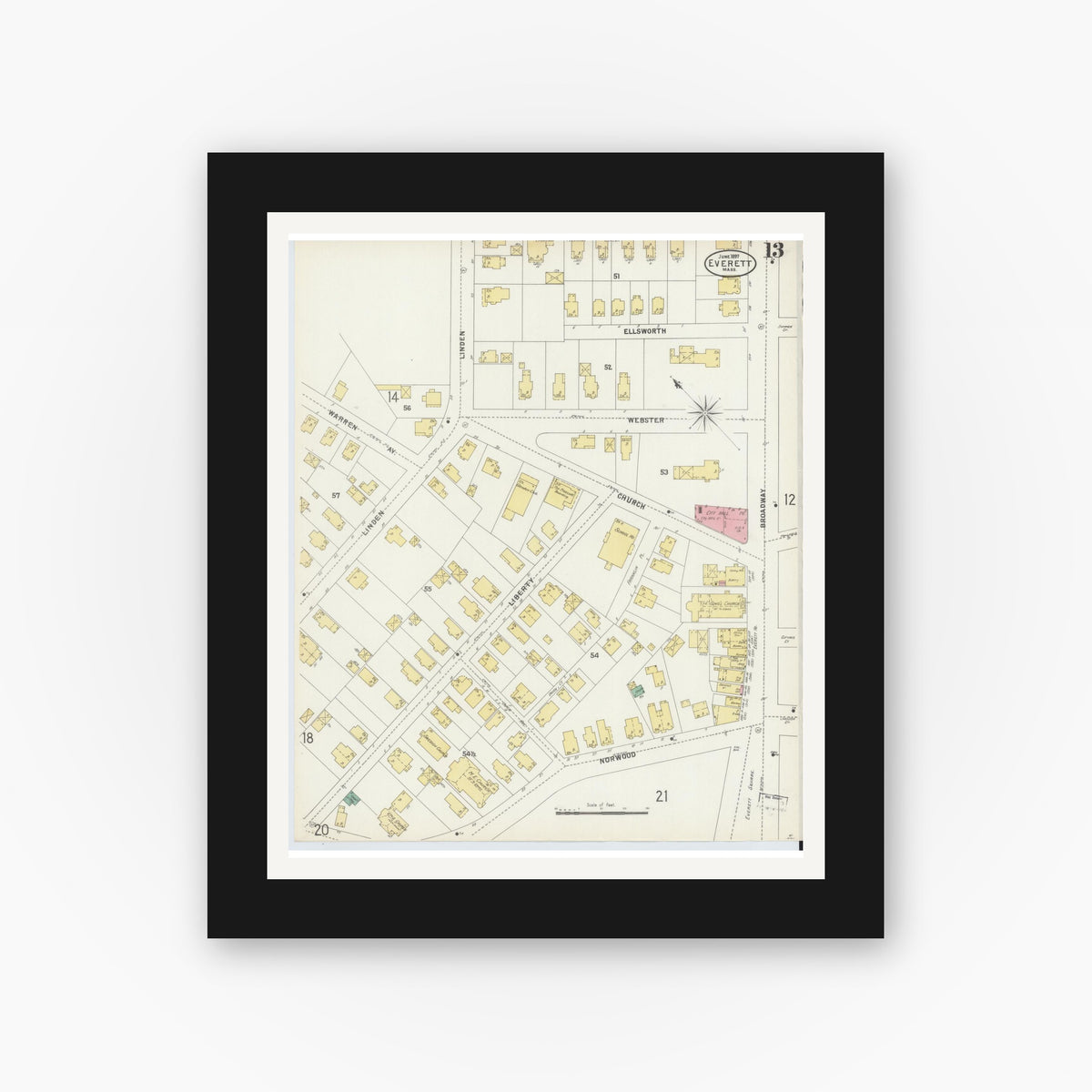 Old map wall art mockup — black gallery frame with white mat — Sanborn Fire Insurance Map from Everett, Middlesex County, Massachusetts (1897), Sheet #0013