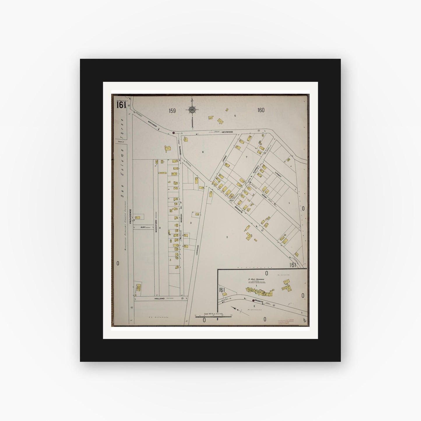Old map wall art mockup — black gallery frame with white mat — Sanborn Fire Insurance Map from Worcester, Worcester County, Massachusetts (1910), Sheet #0161