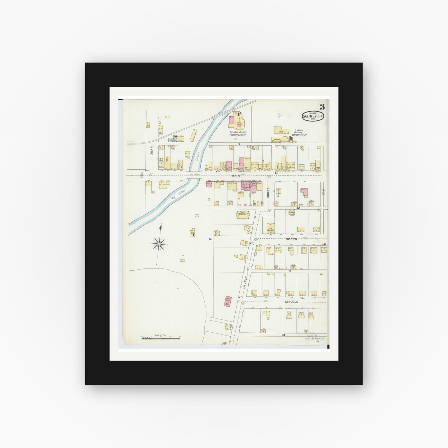 Old map wall art mockup — black gallery frame with white mat — Sanborn Fire Insurance Map from Salineville, Columbiana County, Ohio (1895), Sheet #0003