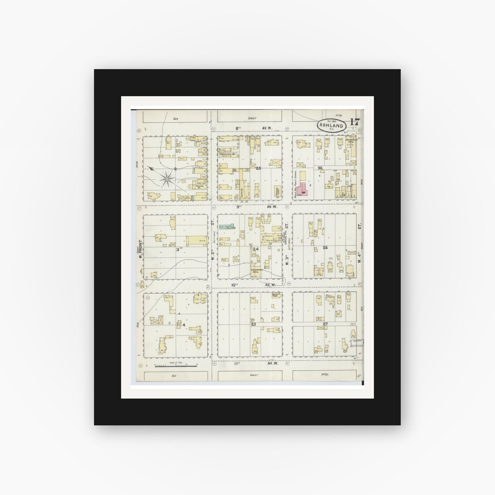 Old map wall art mockup — black gallery frame with white mat — Sanborn Fire Insurance Map from Ashland, Ashland County, Wisconsin (1890), Sheet #0017