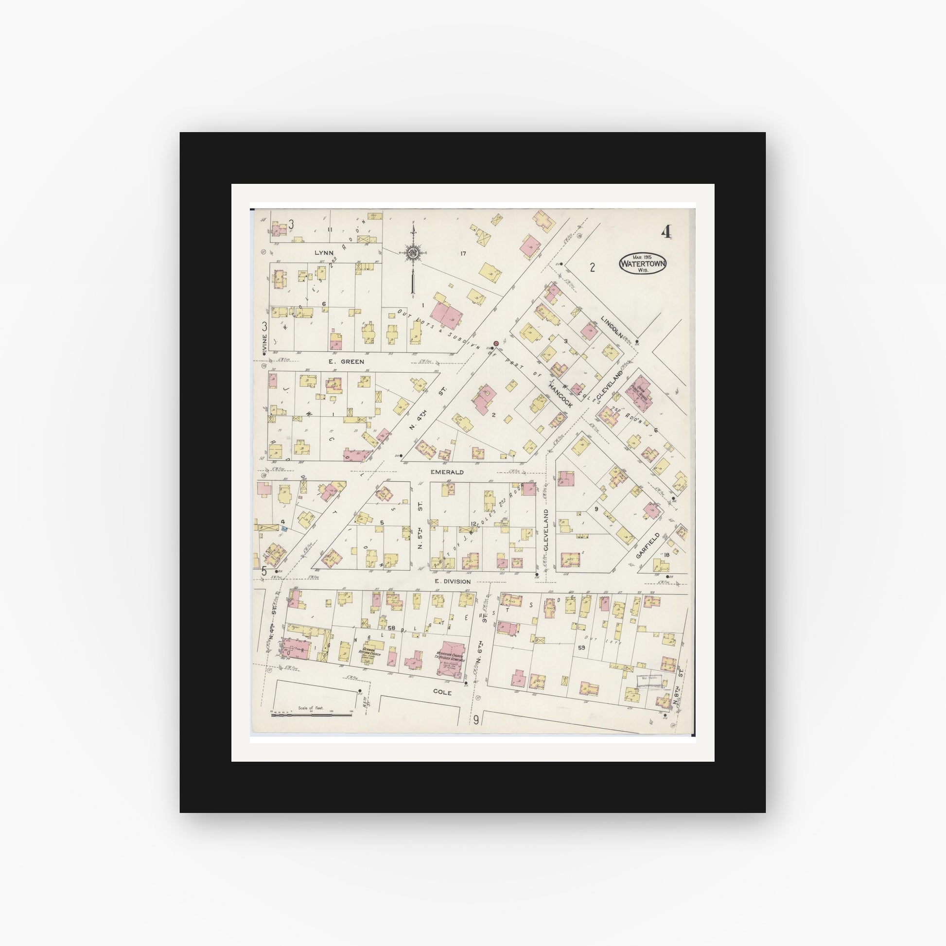 Old map wall art mockup — black gallery frame with white mat — Sanborn Fire Insurance Map from Watertown, Jefferson County, Wisconsin (1915), Sheet #0005