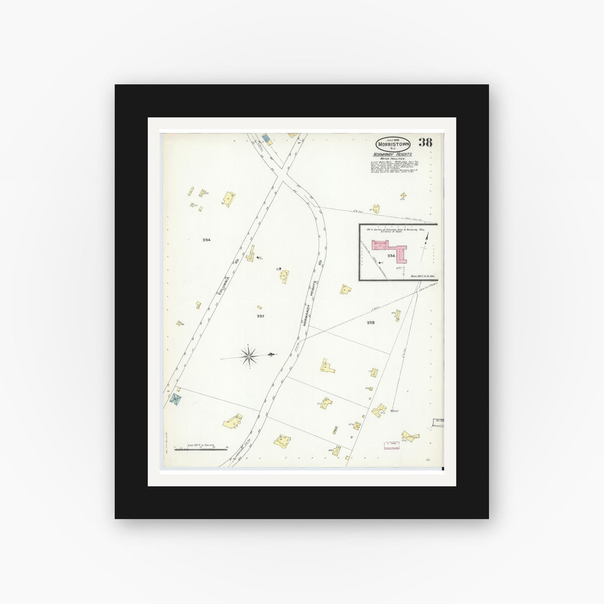 Old map wall art mockup — black gallery frame with white mat — Sanborn Fire Insurance Map from Morristown, Morris County, New Jersey (1909), Sheet #0038