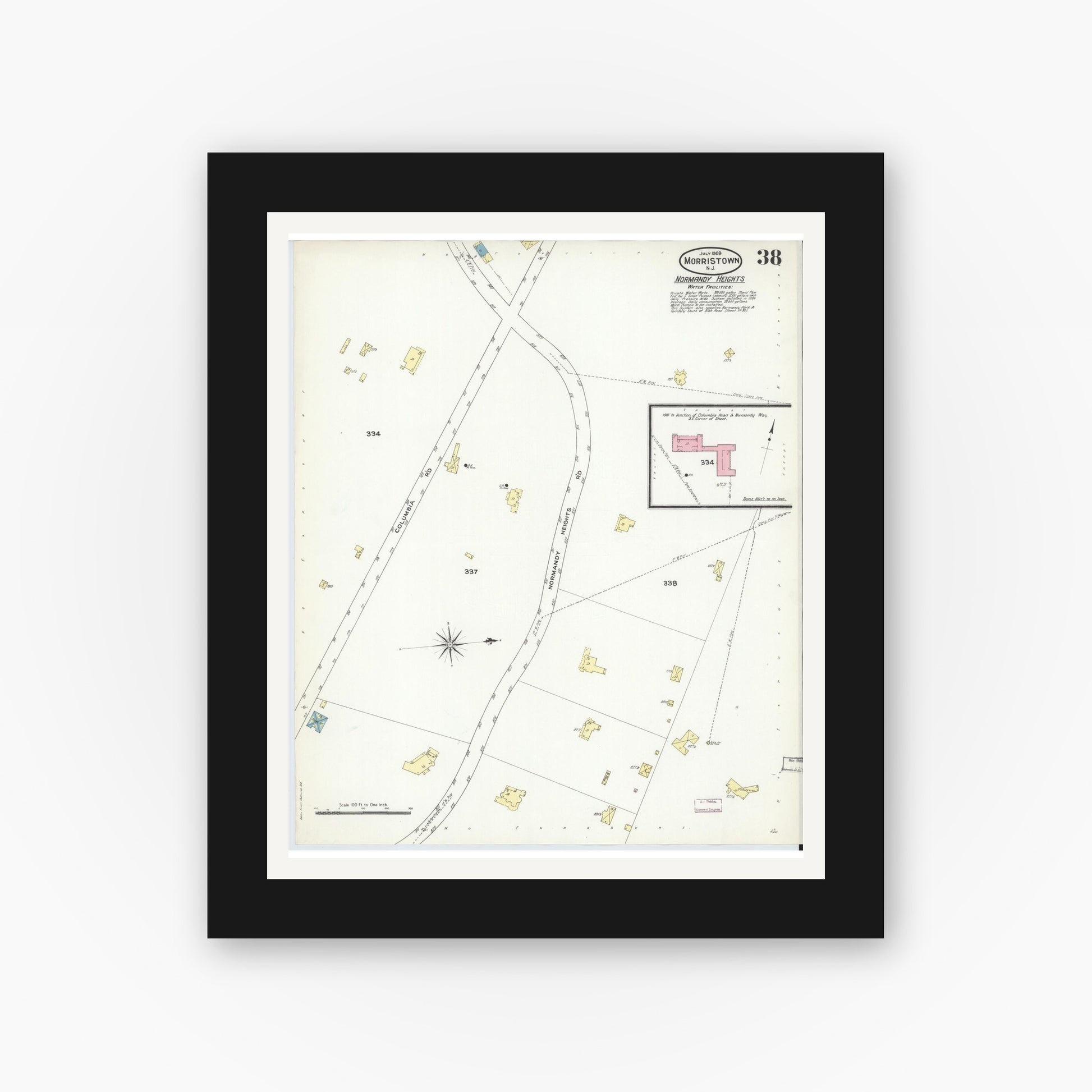 Old map wall art mockup — black gallery frame with white mat — Sanborn Fire Insurance Map from Morristown, Morris County, New Jersey (1909), Sheet #0038