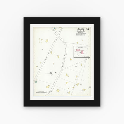 Old map wall art mockup — black gallery frame with white mat — Sanborn Fire Insurance Map from Morristown, Morris County, New Jersey (1909), Sheet #0038