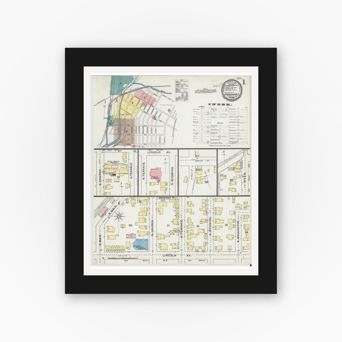 Old map wall art mockup — black gallery frame with white mat — Sanborn Fire Insurance Map from Carbondale, Lackawanna County, Pennsylvania (1892), Sheet #0001