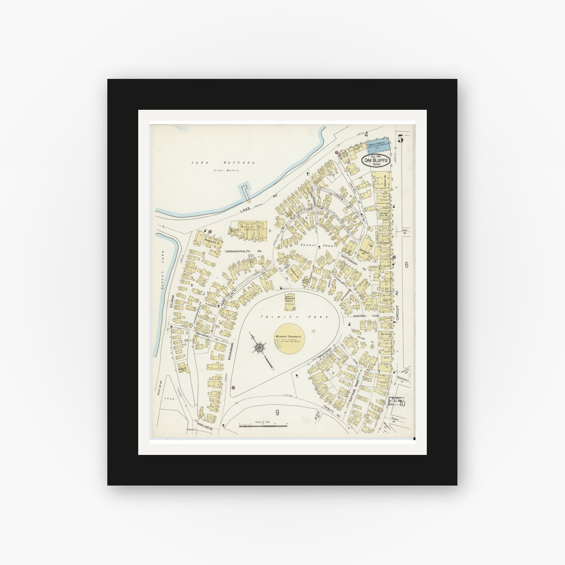 Old map wall art mockup — black gallery frame with white mat — Sanborn Fire Insurance Map from Oak Bluffs, Dukes County, Massachusetts (1914), Sheet #0005