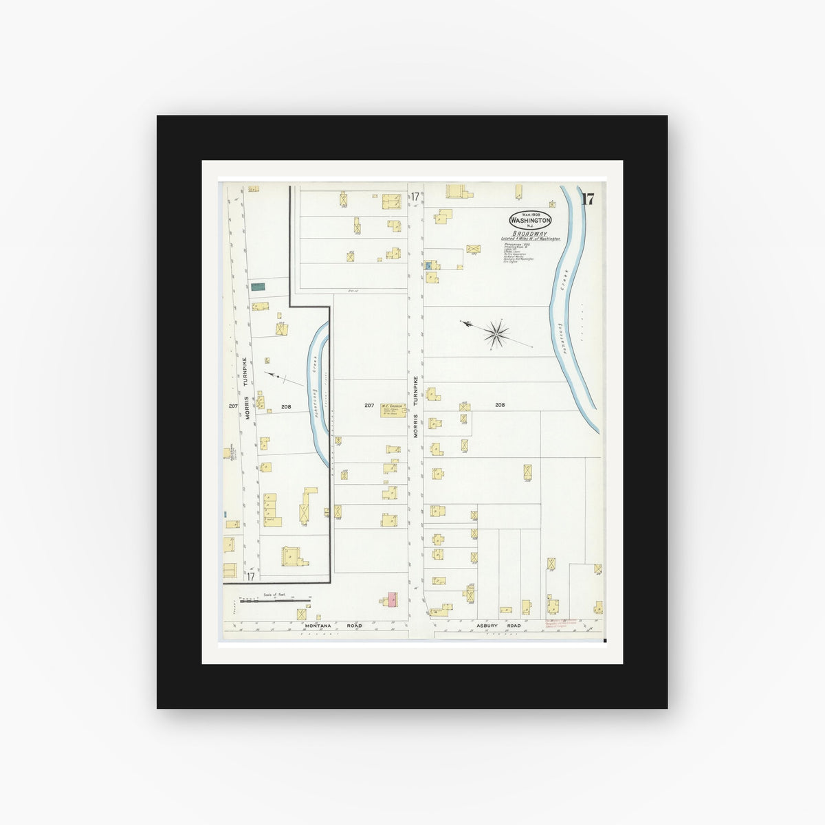 Old map wall art mockup — black gallery frame with white mat — Sanborn Fire Insurance Map from Washington, Warren County, New Jersey (1909), Sheet #0017