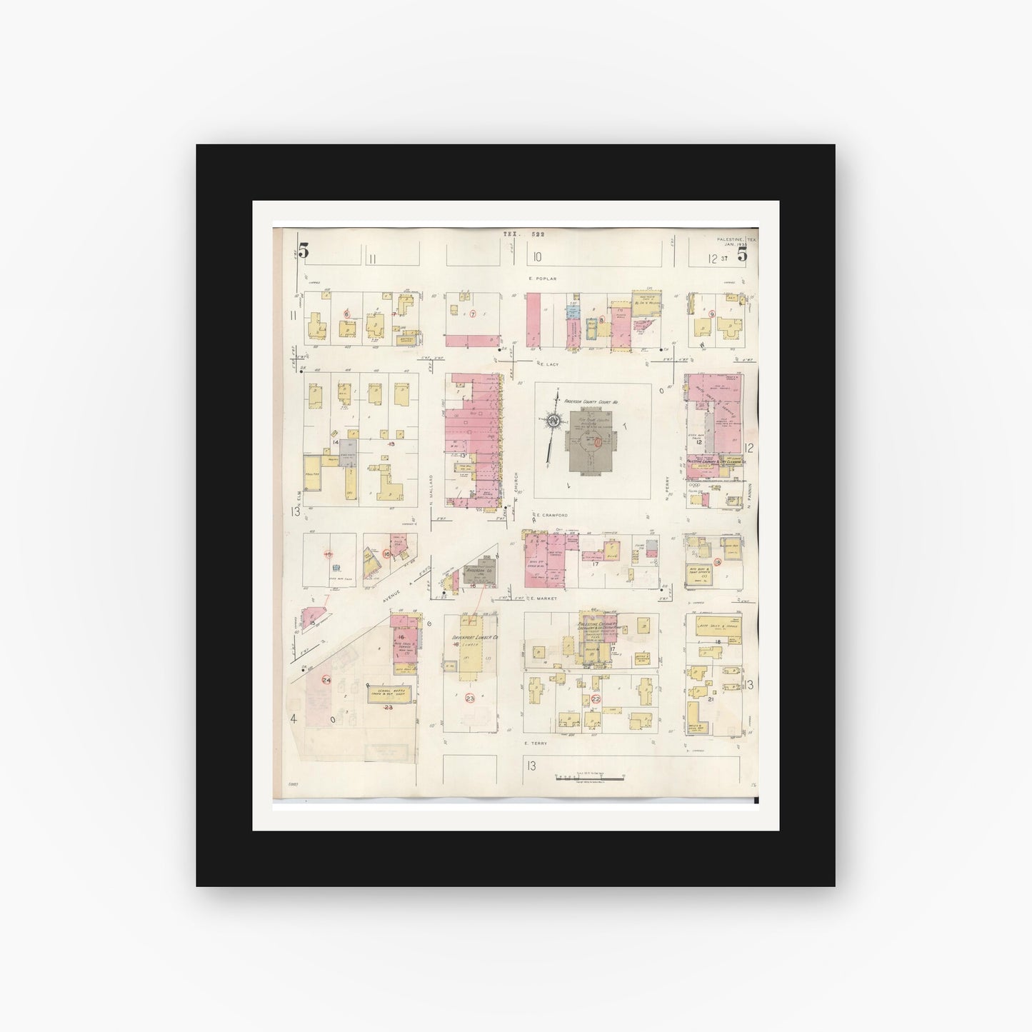 Old map wall art mockup — black gallery frame with white mat — Sanborn Fire Insurance Map from Palestine, Anderson County, Texas (1949), Sheet #0005