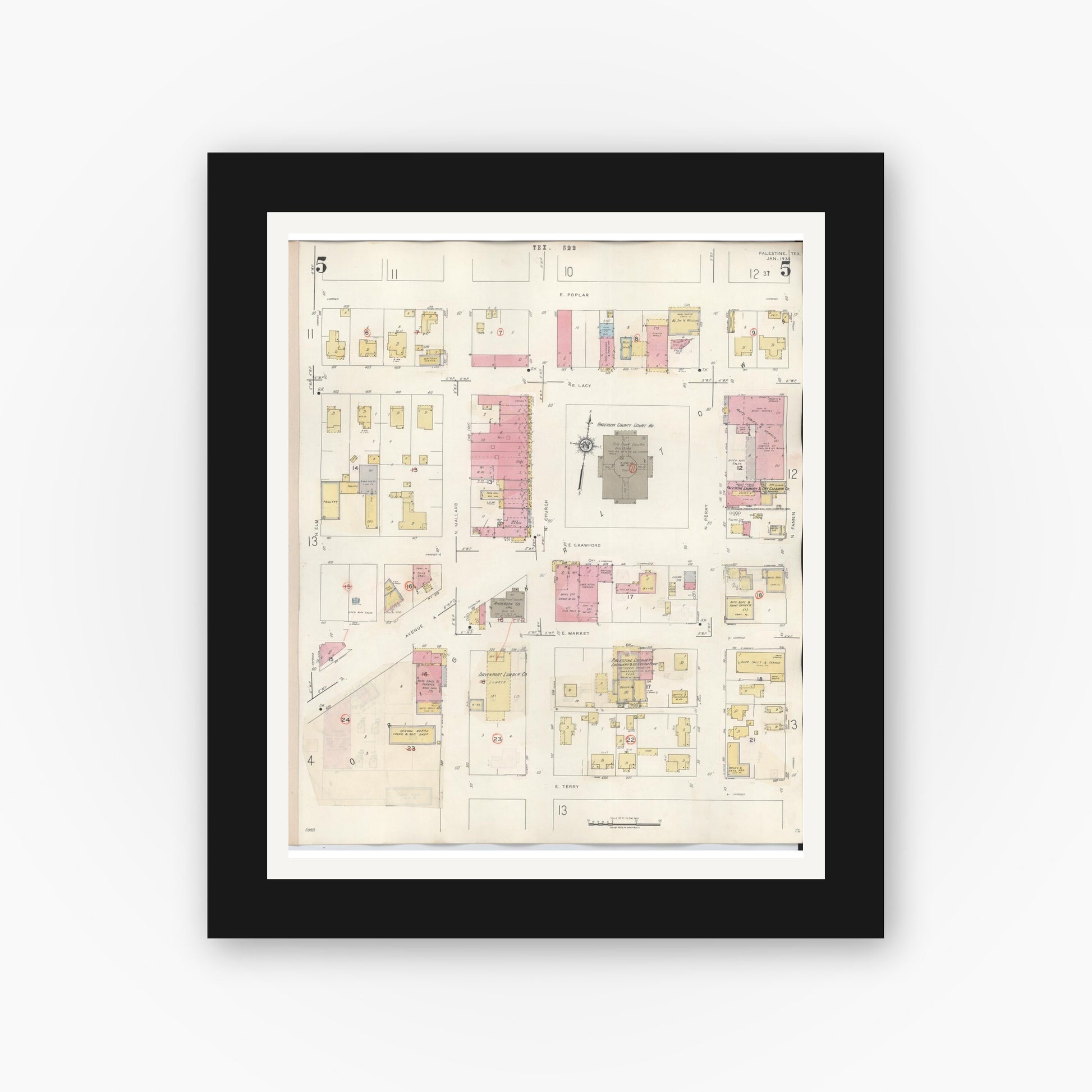 Old map wall art mockup — black gallery frame with white mat — Sanborn Fire Insurance Map from Palestine, Anderson County, Texas (1949), Sheet #0005