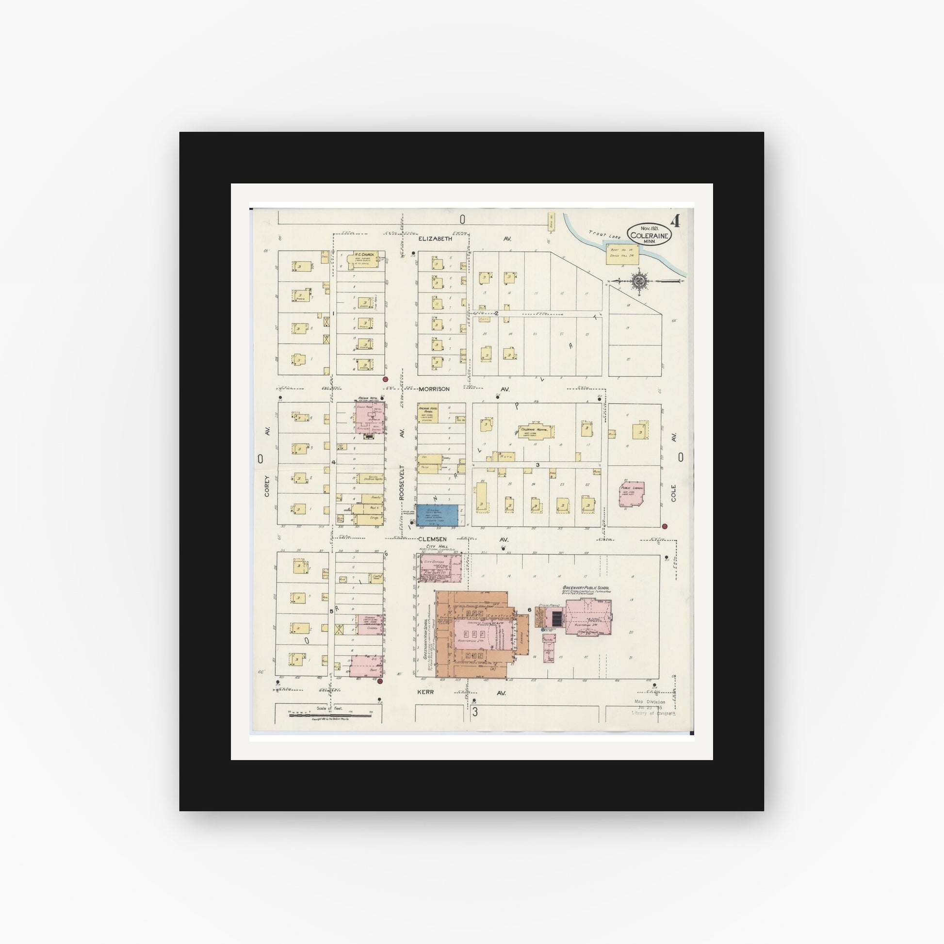 Old map wall art mockup — black gallery frame with white mat — Sanborn Fire Insurance Map from Coleraine, Itasca County, Minnesota (1921), Sheet #0004