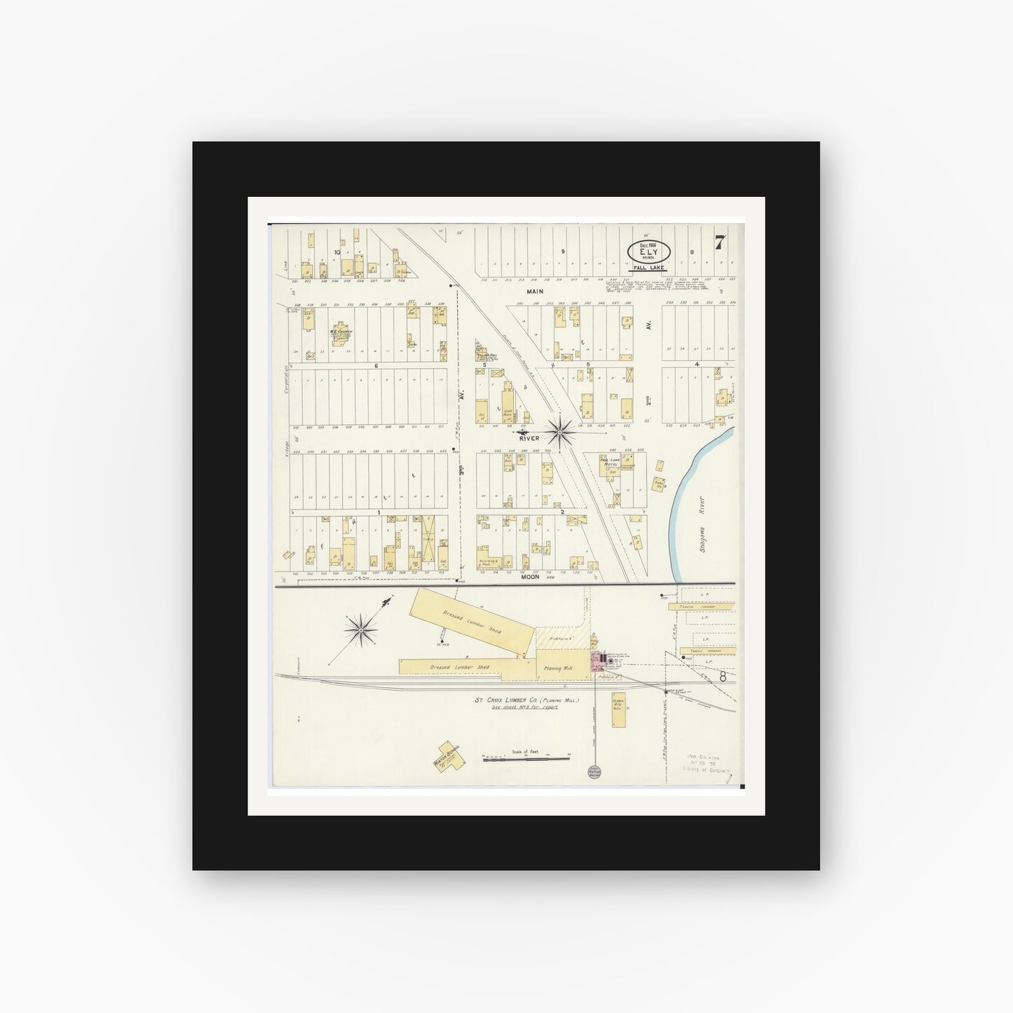 Old map wall art mockup — black gallery frame with white mat — Sanborn Fire Insurance Map from Ely, Saint Louis County, Minnesota (1906), Sheet #0007