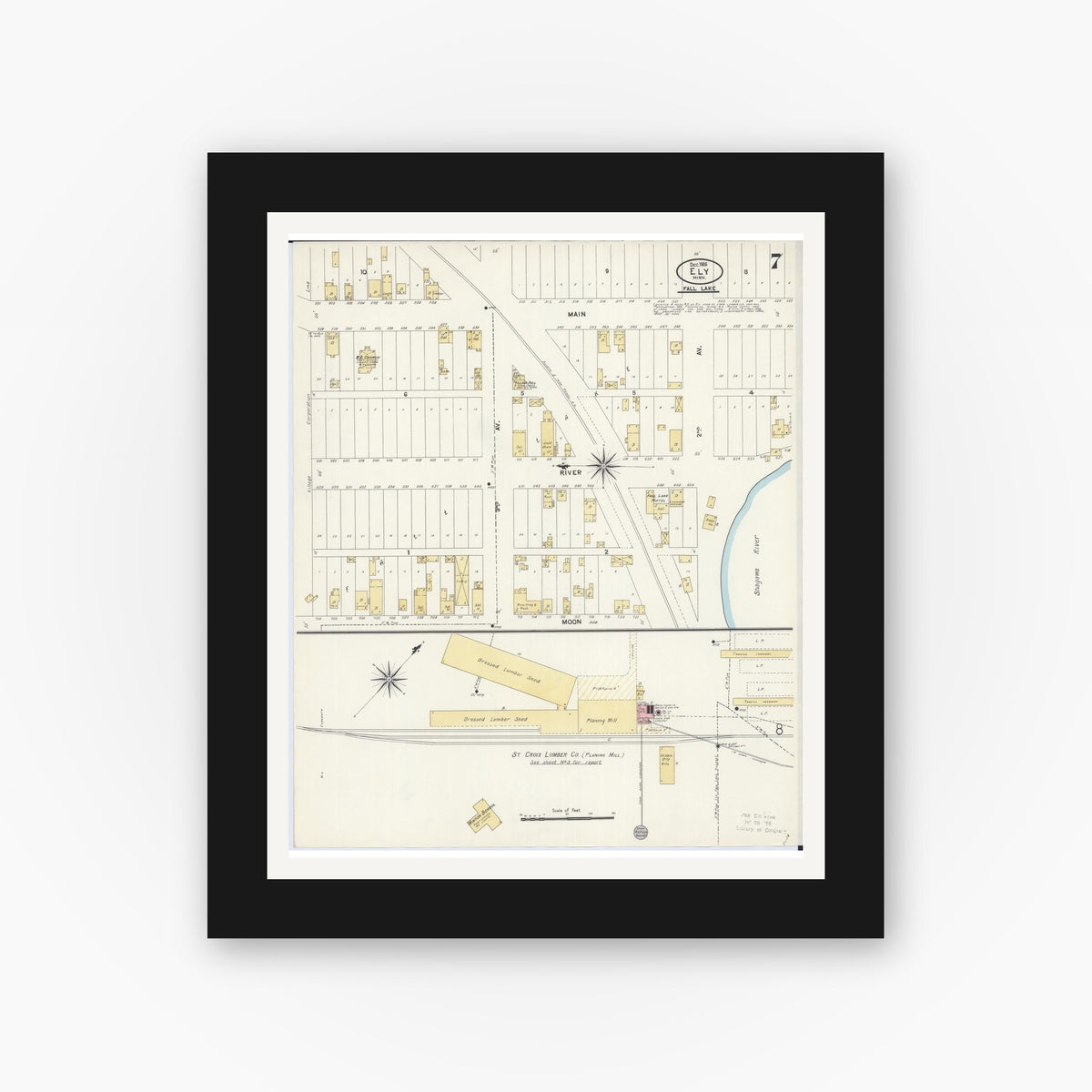 Old map wall art mockup — black gallery frame with white mat — Sanborn Fire Insurance Map from Ely, Saint Louis County, Minnesota (1906), Sheet #0007