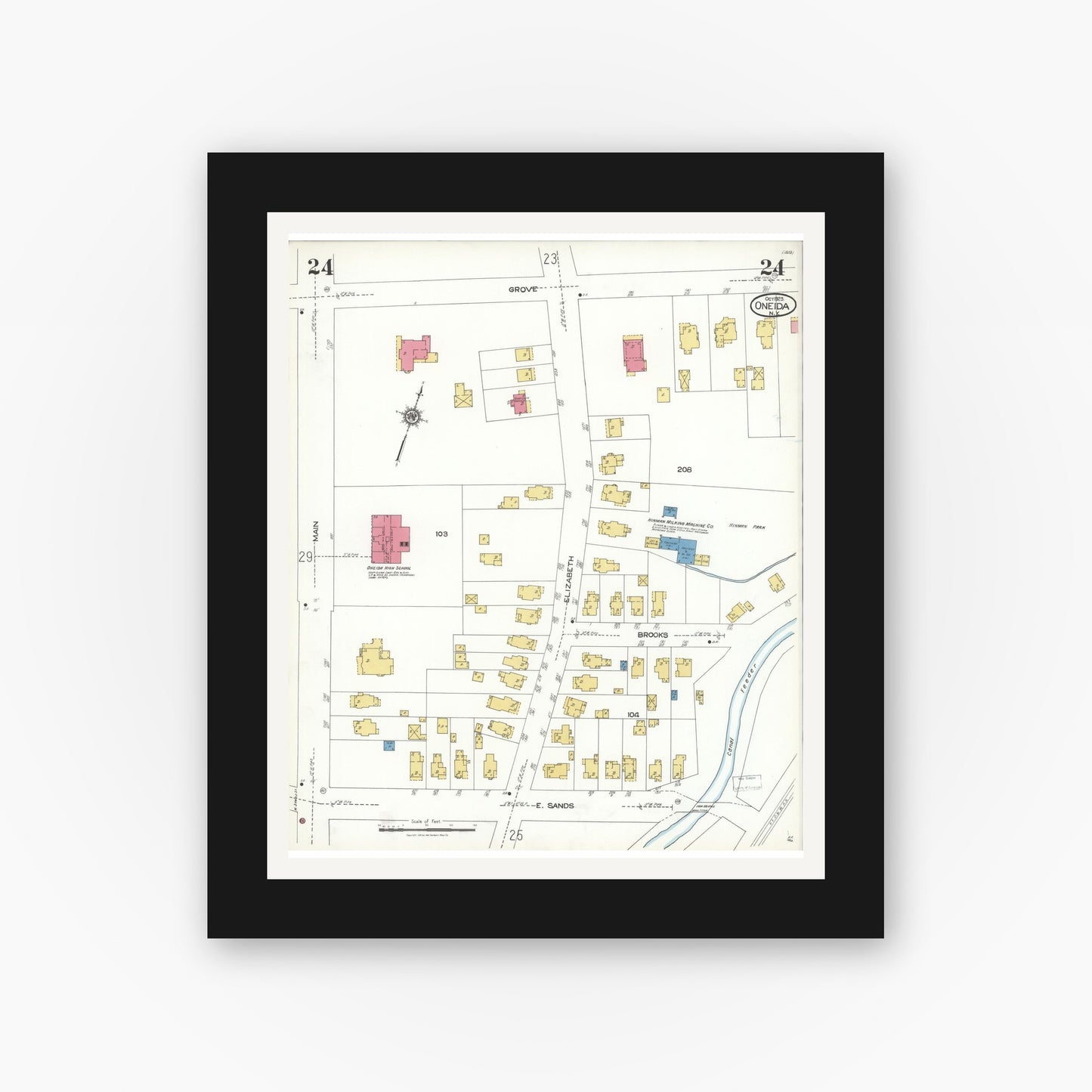 Old map wall art mockup — black gallery frame with white mat — Sanborn Fire Insurance Map from Oneida, Madison County, New York (1923), Sheet #0024