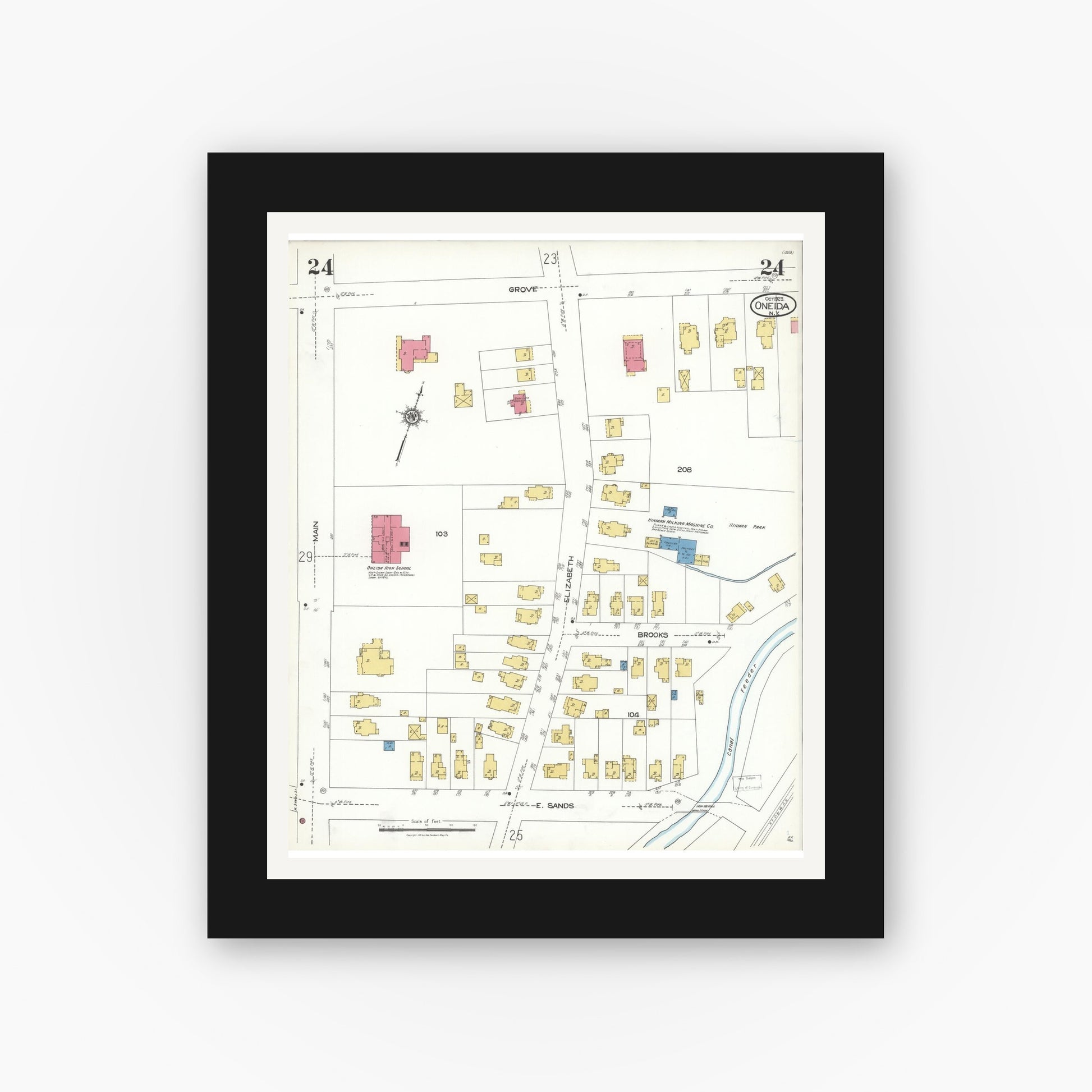 Old map wall art mockup — black gallery frame with white mat — Sanborn Fire Insurance Map from Oneida, Madison County, New York (1923), Sheet #0024