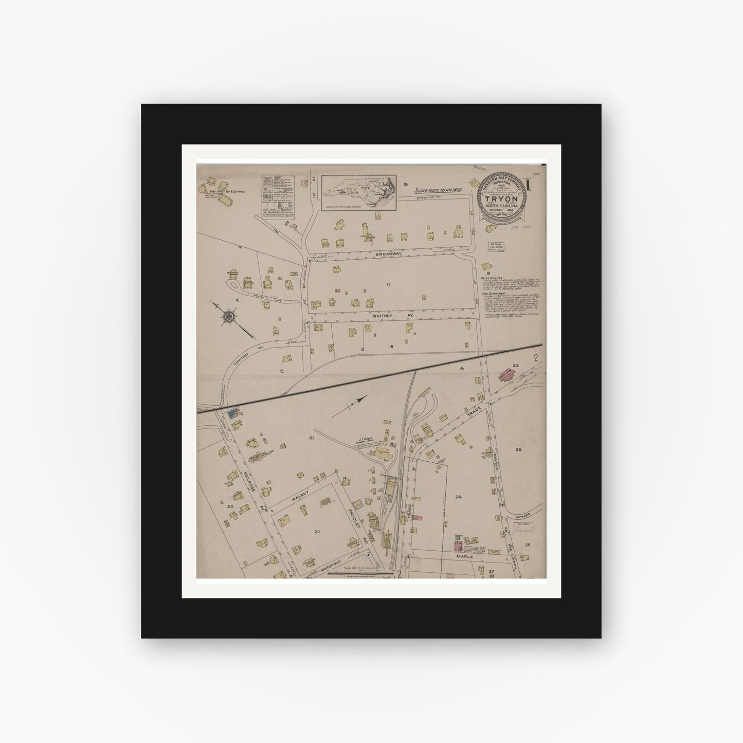 Old map wall art mockup — black gallery frame with white mat — Sanborn Fire Insurance Map from Tryon, Polk County, North Carolina (1922) - Complete Map Set