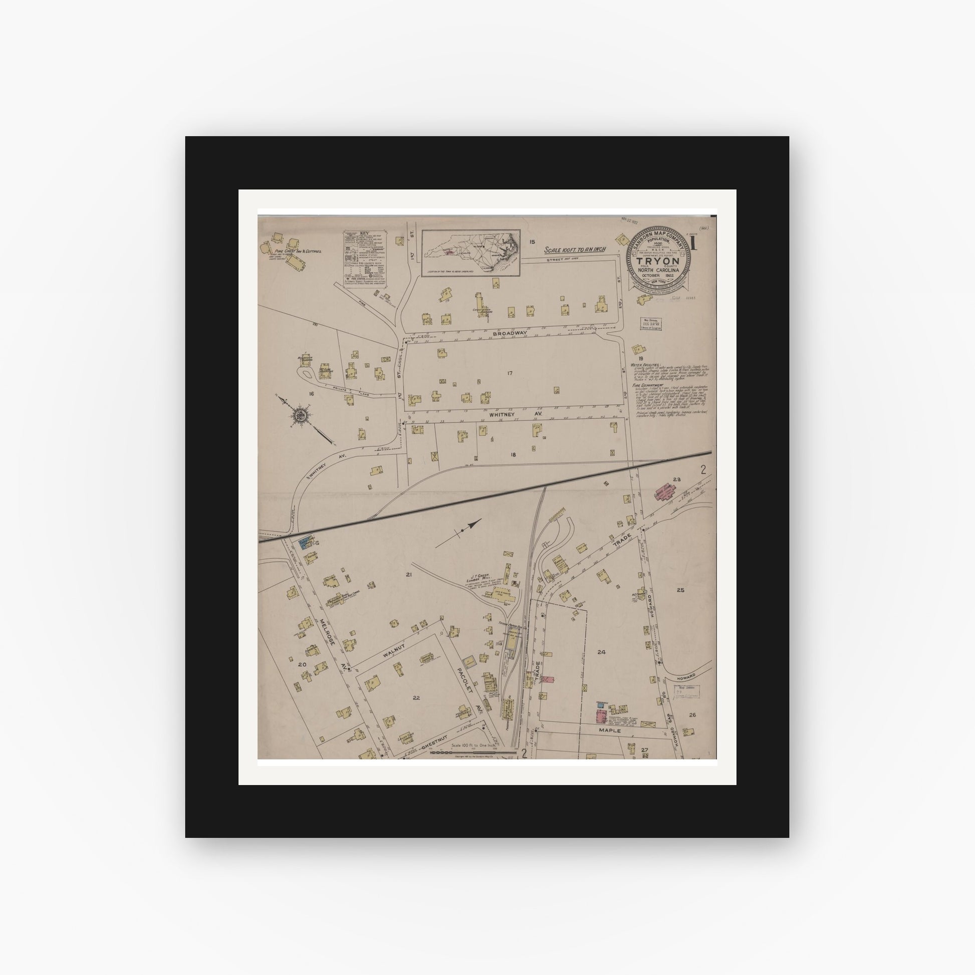 Old map wall art mockup — black gallery frame with white mat — Sanborn Fire Insurance Map from Tryon, Polk County, North Carolina (1922) - Complete Map Set