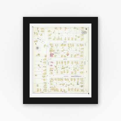 Old map wall art mockup — black gallery frame with white mat — Sanborn Fire Insurance Map from Adrian, Lenawee County, Michigan (1908), Sheet #0002