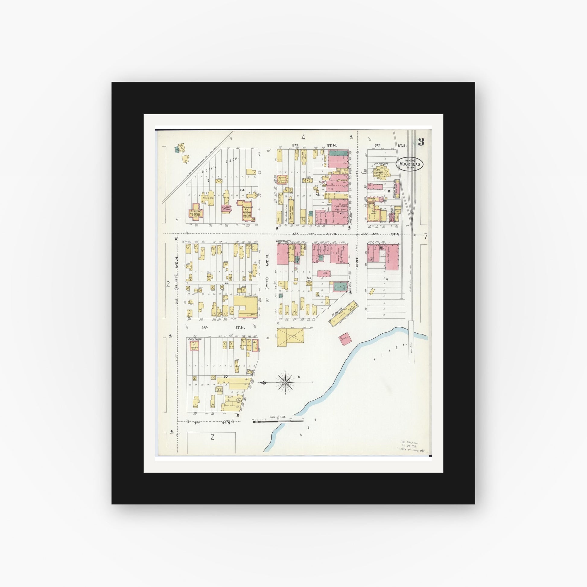 Old map wall art mockup — black gallery frame with white mat — Sanborn Fire Insurance Map from Moorhead, Clay County, Minnesota (1906), Sheet #0003