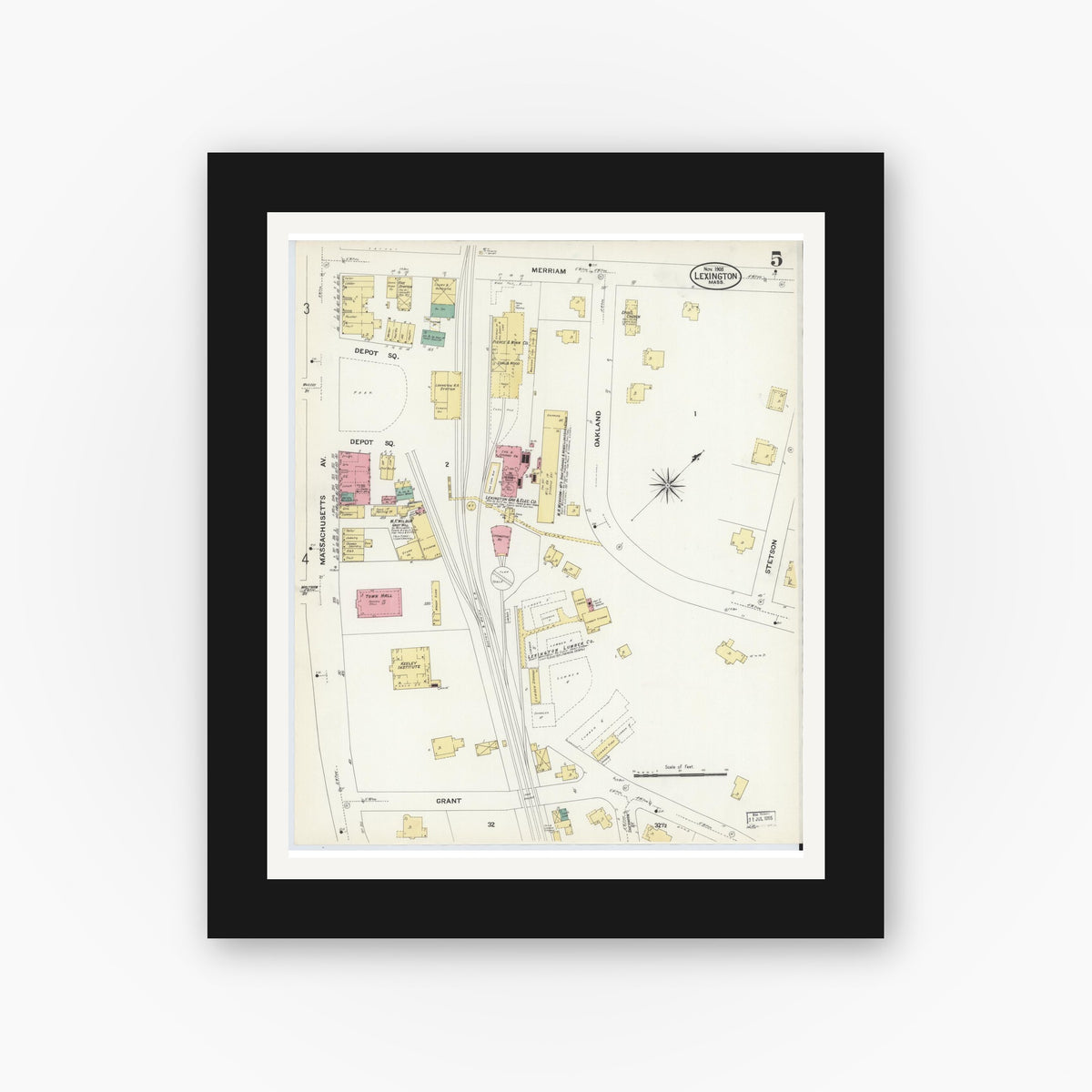 Old map wall art mockup — black gallery frame with white mat — Sanborn Fire Insurance Map from Lexington, Middlesex County, Massachusetts (1908), Sheet #0005