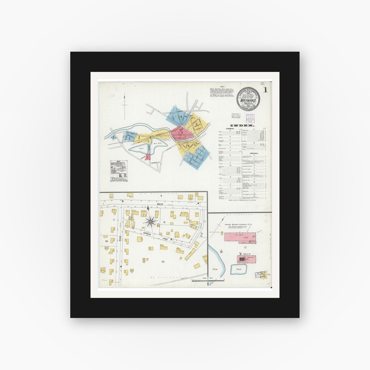 Old map wall art mockup — black gallery frame with white mat — Sanborn Fire Insurance Map from Maynard, Middlesex County, Massachusetts (1904) - Complete Map Set