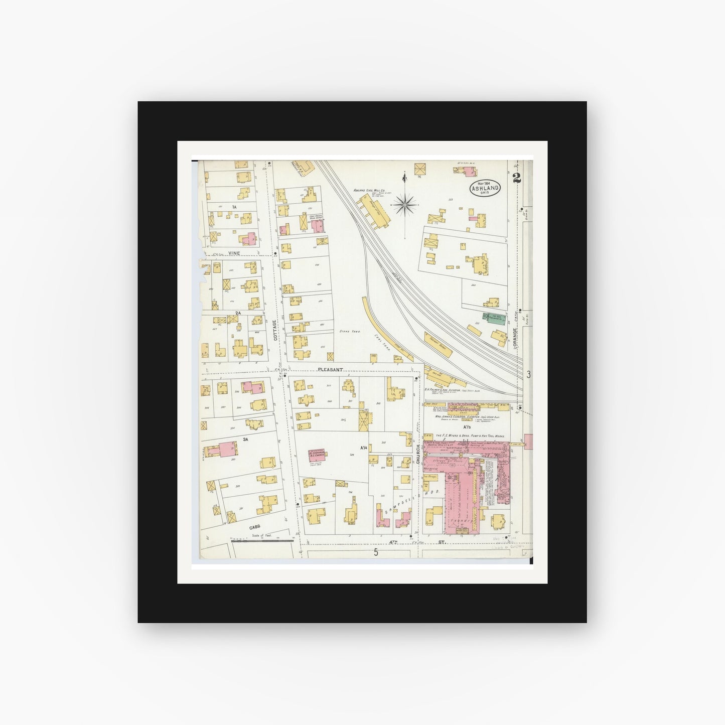 Old map wall art mockup — black gallery frame with white mat — Sanborn Fire Insurance Map from Ashland, Ashland County, Ohio (1904), Sheet #0002