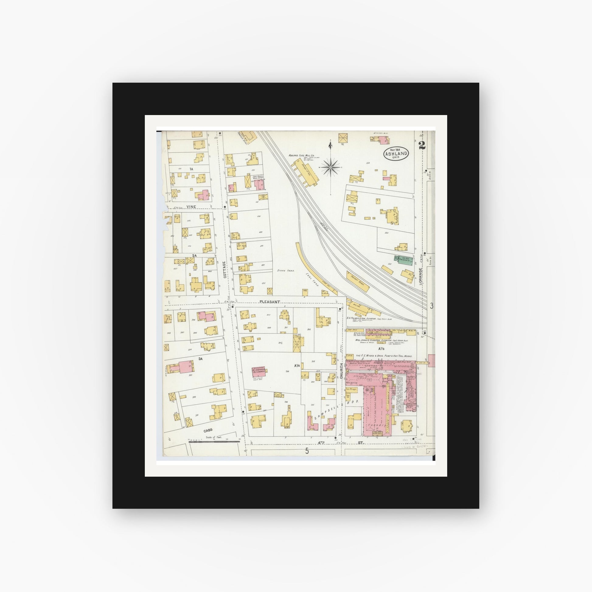 Old map wall art mockup — black gallery frame with white mat — Sanborn Fire Insurance Map from Ashland, Ashland County, Ohio (1904), Sheet #0002
