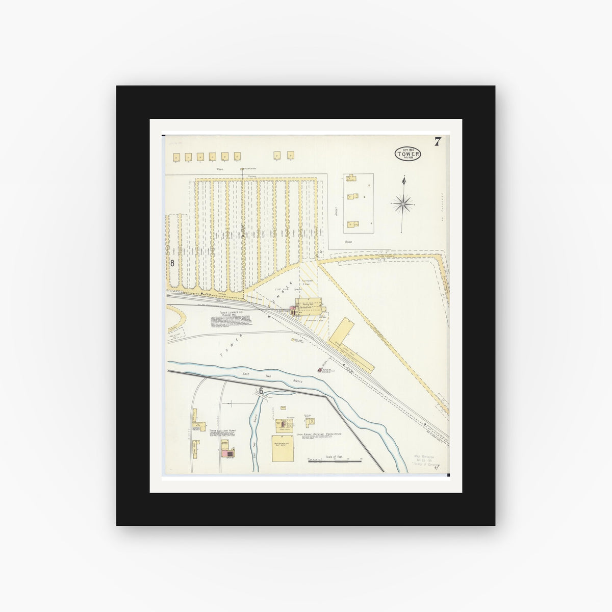 Old map wall art mockup — black gallery frame with white mat — Sanborn Fire Insurance Map from Tower, Saint Louis County, Minnesota (1904), Sheet #0007