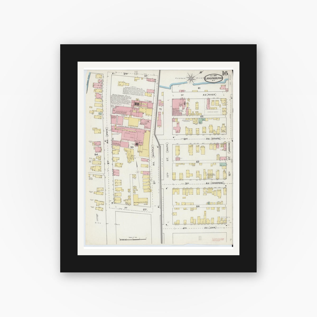 Old map wall art mockup — black gallery frame with white mat — Sanborn Fire Insurance Map from Lansingburg, Rensselaer County, New York (1892), Sheet #0016