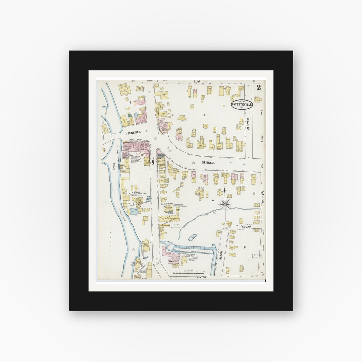 Old map wall art mockup — black gallery frame with white mat — Sanborn Fire Insurance Map from Fayetteville, Onondaga County, New York (1890), Sheet #0002