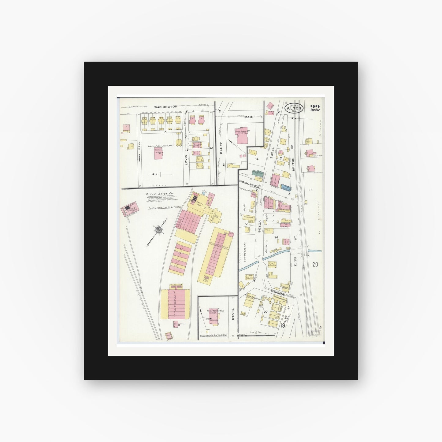 Old map wall art mockup — black gallery frame with white mat — Sanborn Fire Insurance Map from Alton, Madison County, Illinois (1909), Sheet #0022