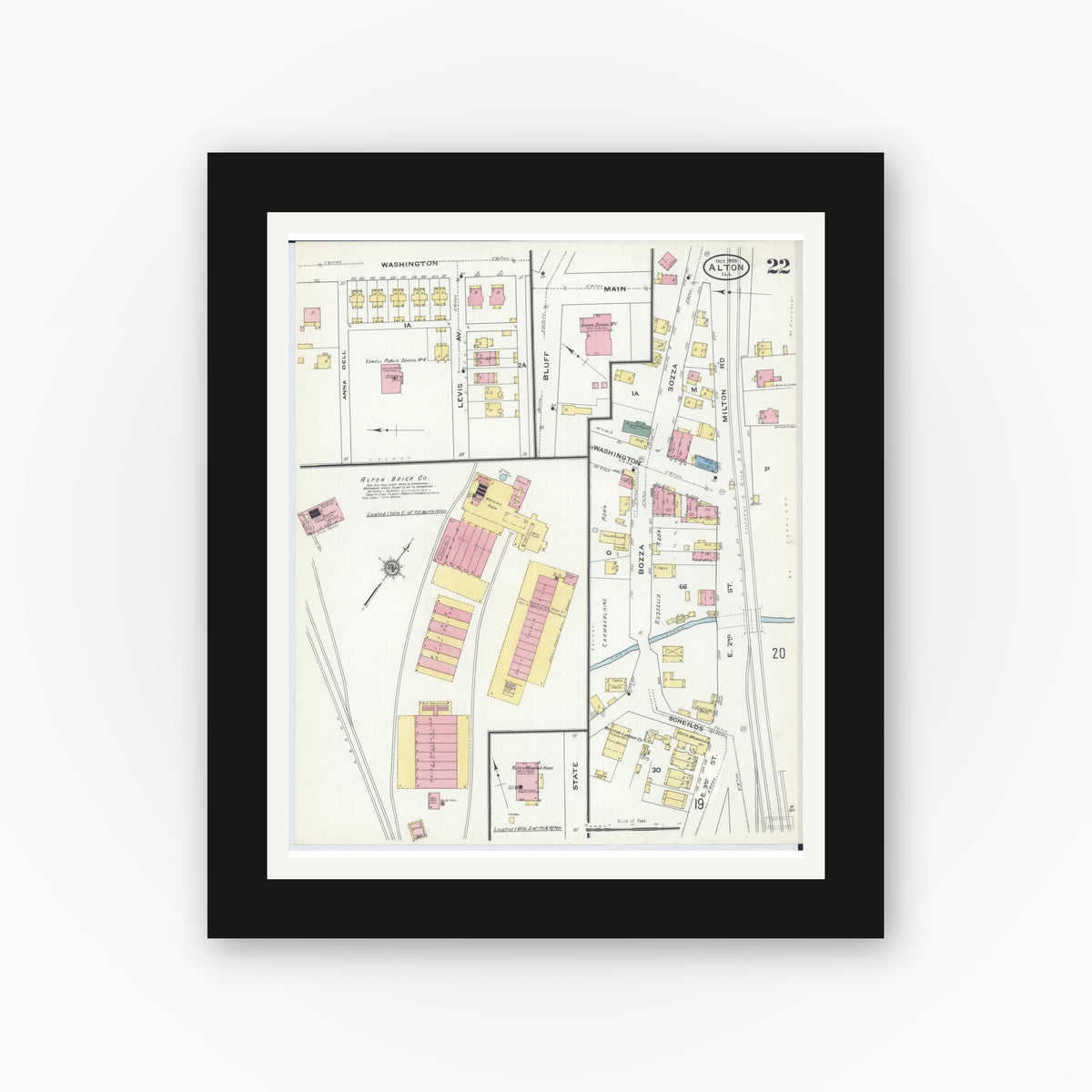 Old map wall art mockup — black gallery frame with white mat — Sanborn Fire Insurance Map from Alton, Madison County, Illinois (1909), Sheet #0022