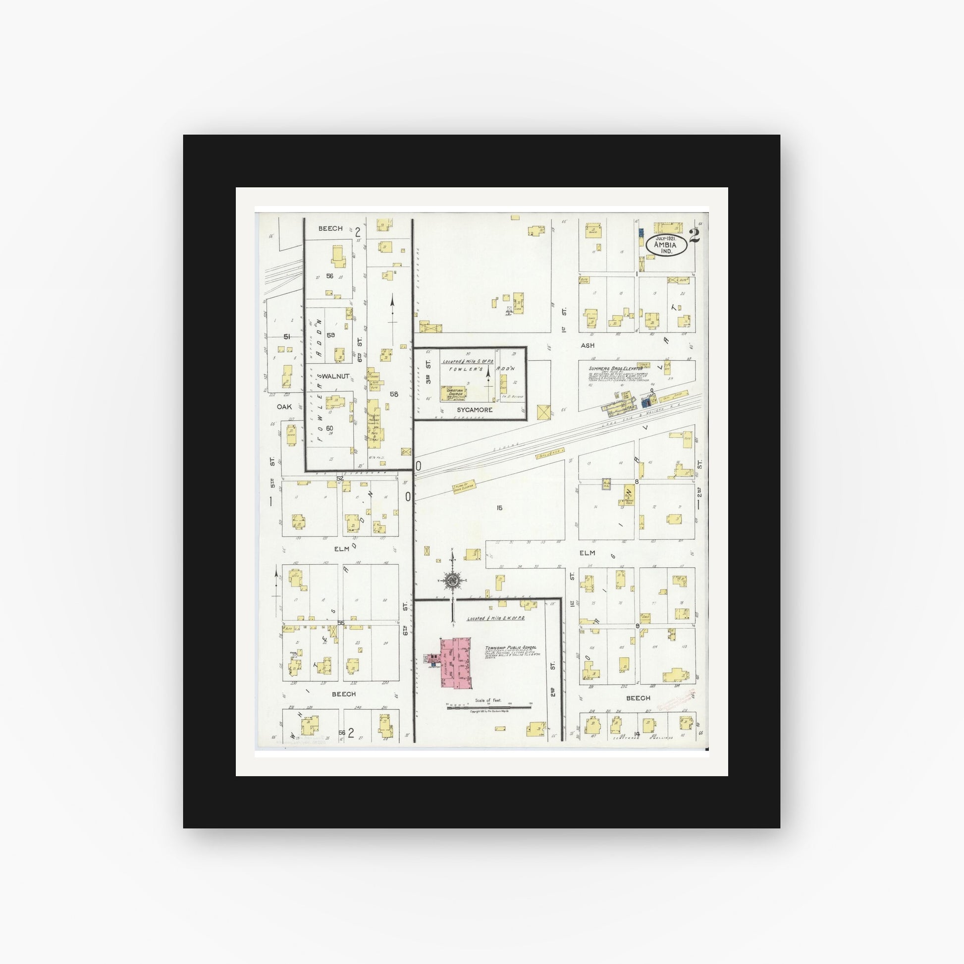Old map wall art mockup — black gallery frame with white mat — Sanborn Fire Insurance Map from Ambia, Benton County, Indiana (1921), Sheet #0002