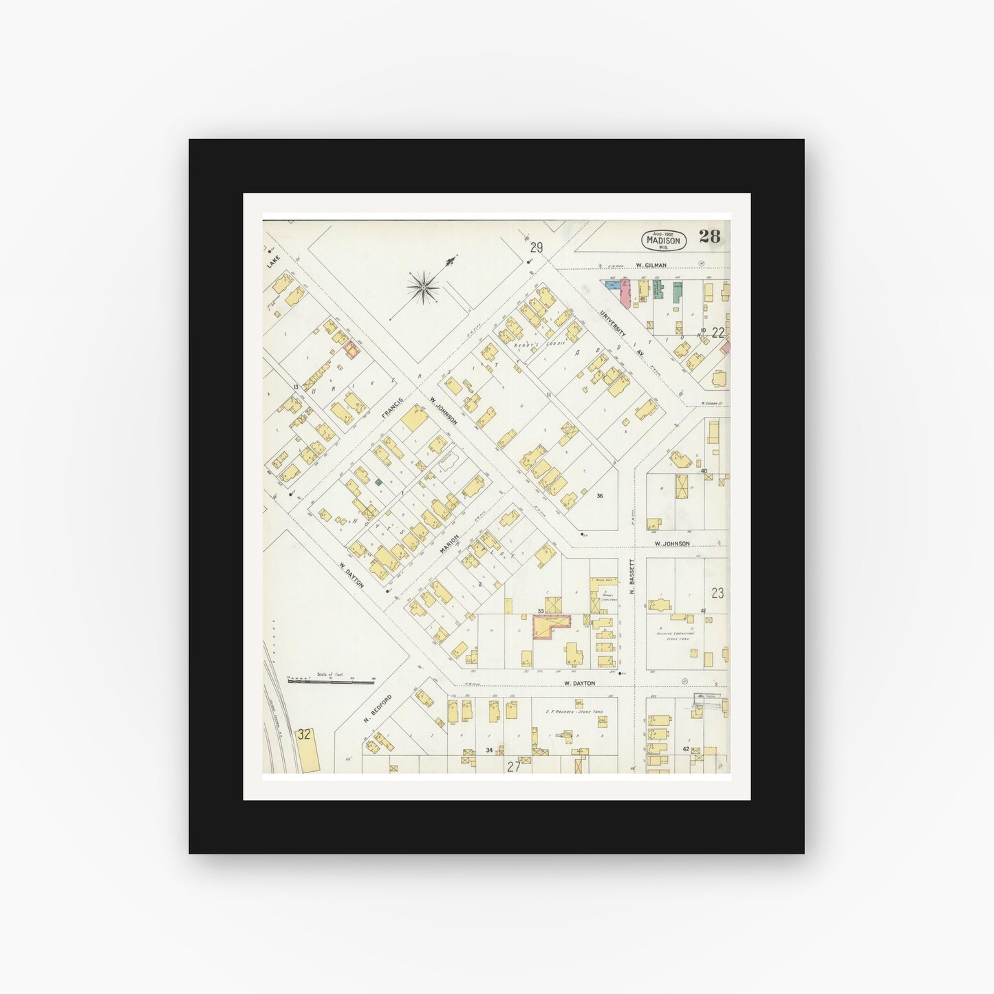 Old map wall art mockup — black gallery frame with white mat — Sanborn Fire Insurance Map from Madison, Dane County, Wisconsin (1902), Sheet #0028