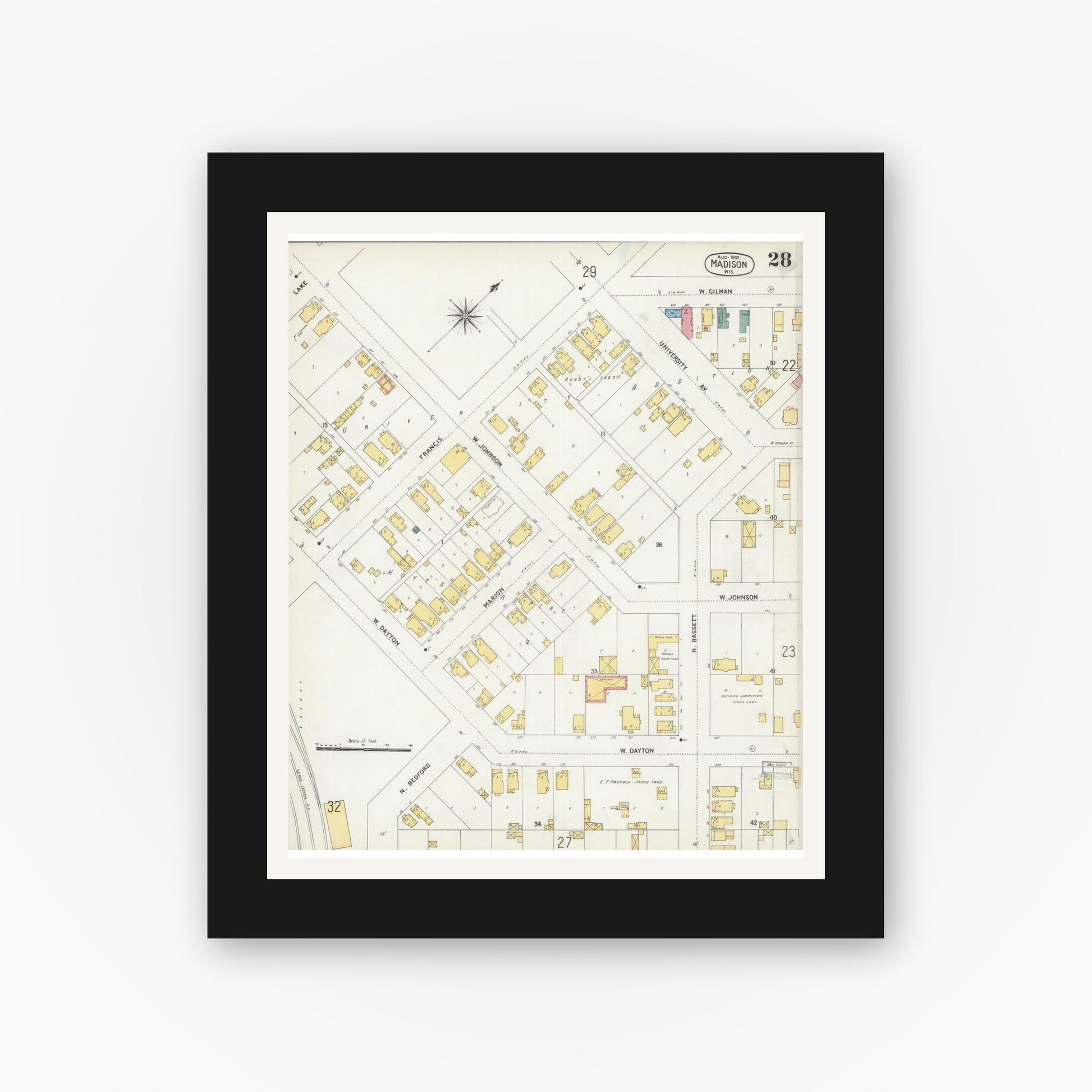 Old map wall art mockup — black gallery frame with white mat — Sanborn Fire Insurance Map from Madison, Dane County, Wisconsin (1902), Sheet #0028