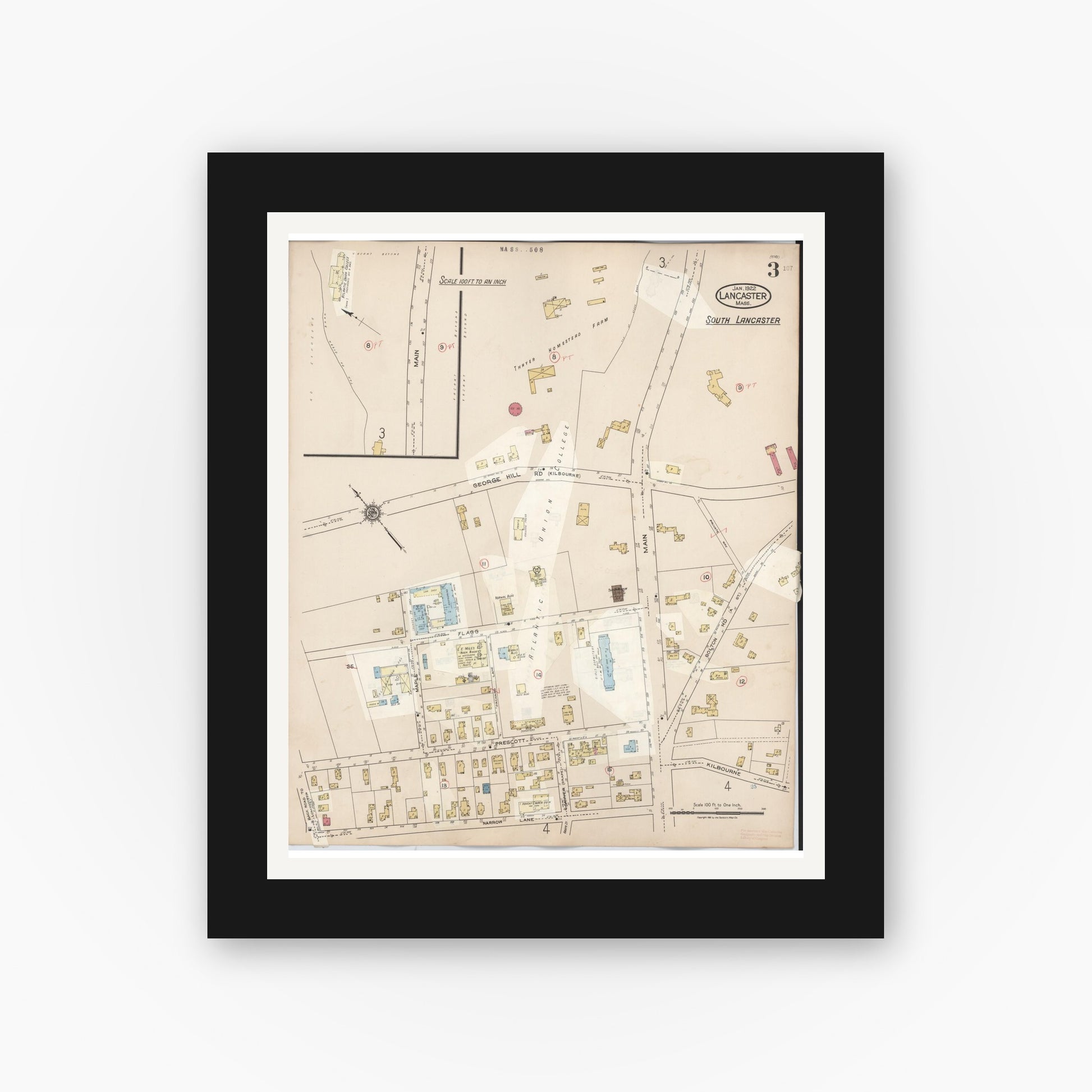 Old map wall art mockup — black gallery frame with white mat — Sanborn Fire Insurance Map from Lancaster, Worcester County, Massachusetts (1945), Sheet #0003