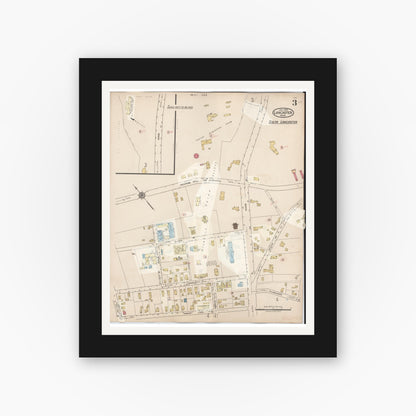 Old map wall art mockup — black gallery frame with white mat — Sanborn Fire Insurance Map from Lancaster, Worcester County, Massachusetts (1945), Sheet #0003
