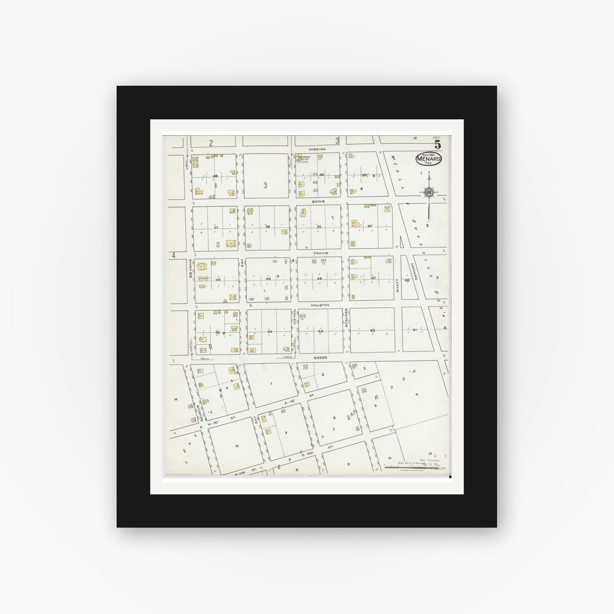 Old map wall art mockup — black gallery frame with white mat — Sanborn Fire Insurance Map from Menard, Menard County, Texas (1921), Sheet #0005