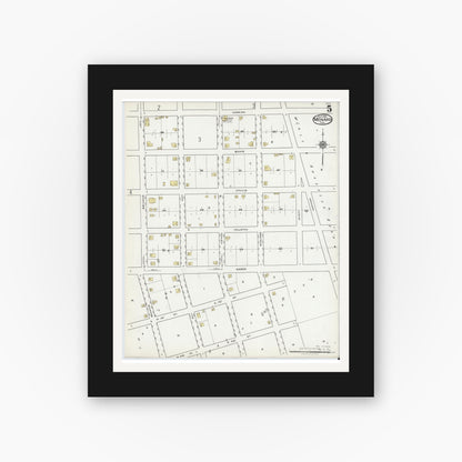Old map wall art mockup — black gallery frame with white mat — Sanborn Fire Insurance Map from Menard, Menard County, Texas (1921), Sheet #0005