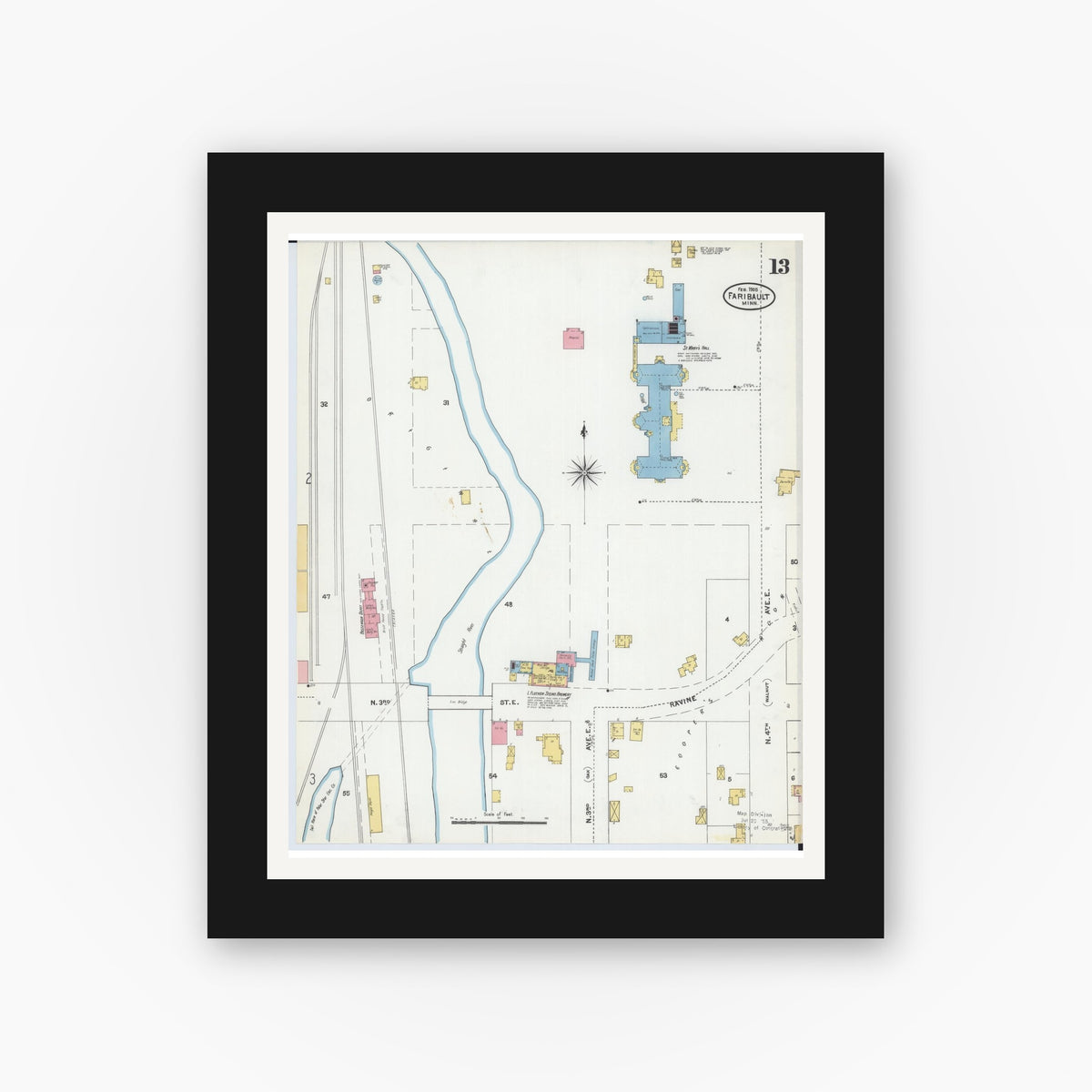 Old map wall art mockup — black gallery frame with white mat — Sanborn Fire Insurance Map from Faribault, Rice County, Minnesota (1905), Sheet #0013