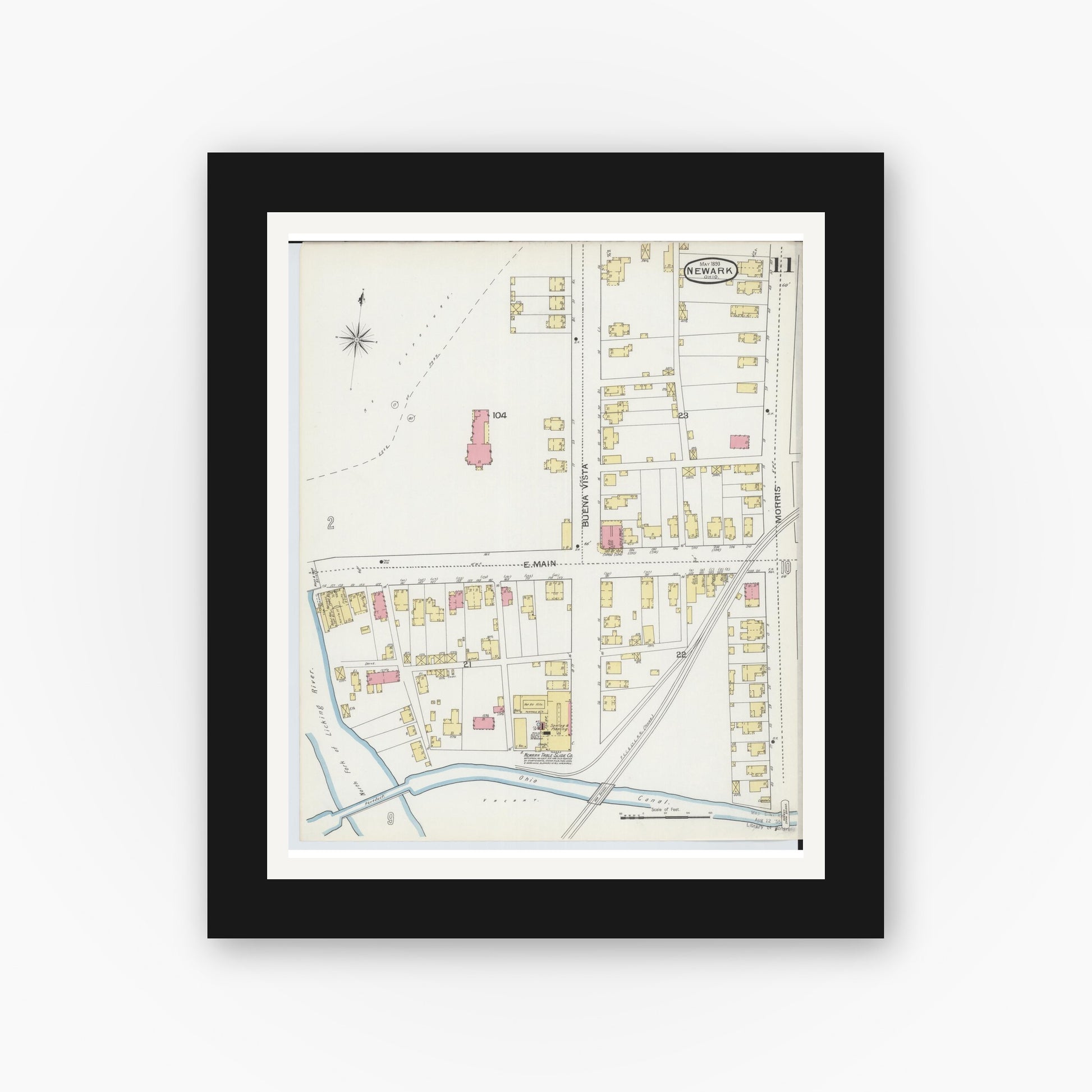 Old map wall art mockup — black gallery frame with white mat — Sanborn Fire Insurance Map from Newark, Licking County, Ohio (1893), Sheet #0011