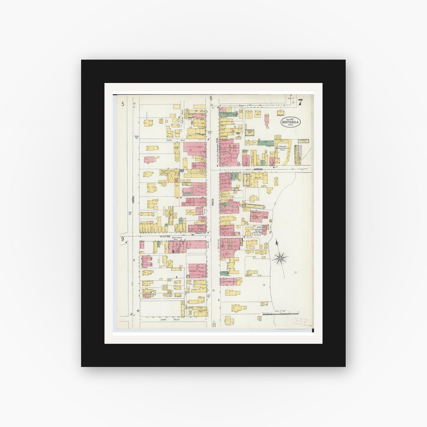 Old map wall art mockup — black gallery frame with white mat — Sanborn Fire Insurance Map from Ashtabula, Ashtabula County, Ohio (1903), Sheet #0007